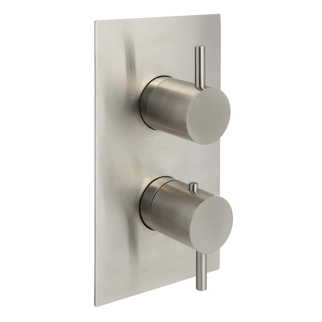Sleek stainless steel shower control panel with modern dual-dial design, ideal for contemporary bathroom renovations and efficient water temperature management.
