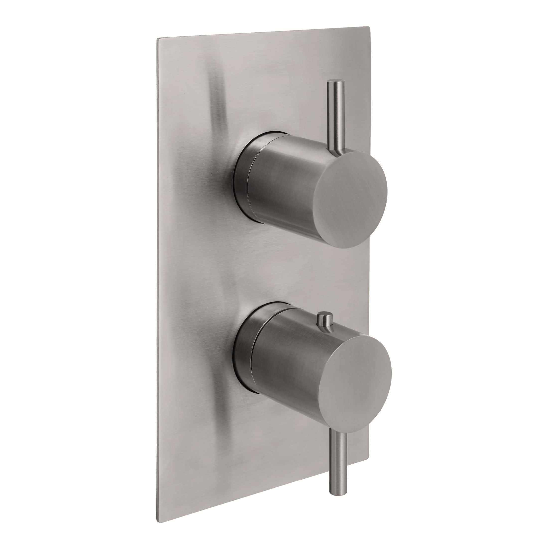 Sleek stainless steel shower mixer valve for modern bathrooms, featuring dual controls for precise temperature and flow adjustment, perfect for contemporary bathroom renovation projects.