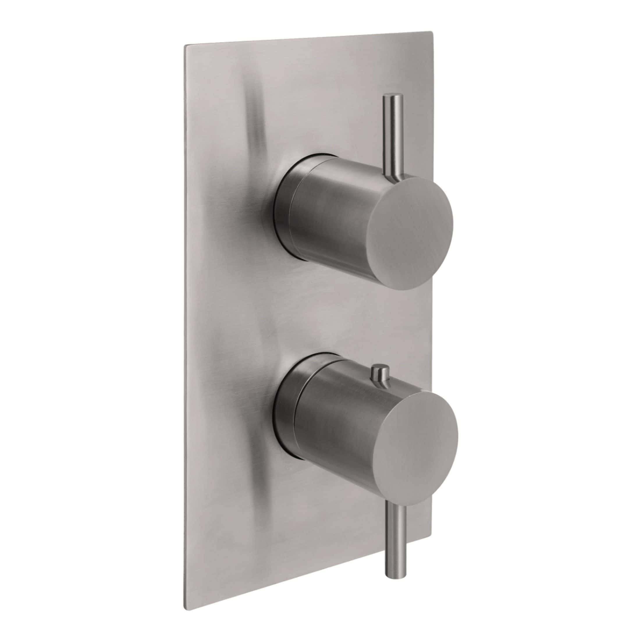 Brushed stainless steel shower control panel with dual knobs and minimalist design for modern bathrooms. Perfect for luxury and contemporary Bubly bathrooms.