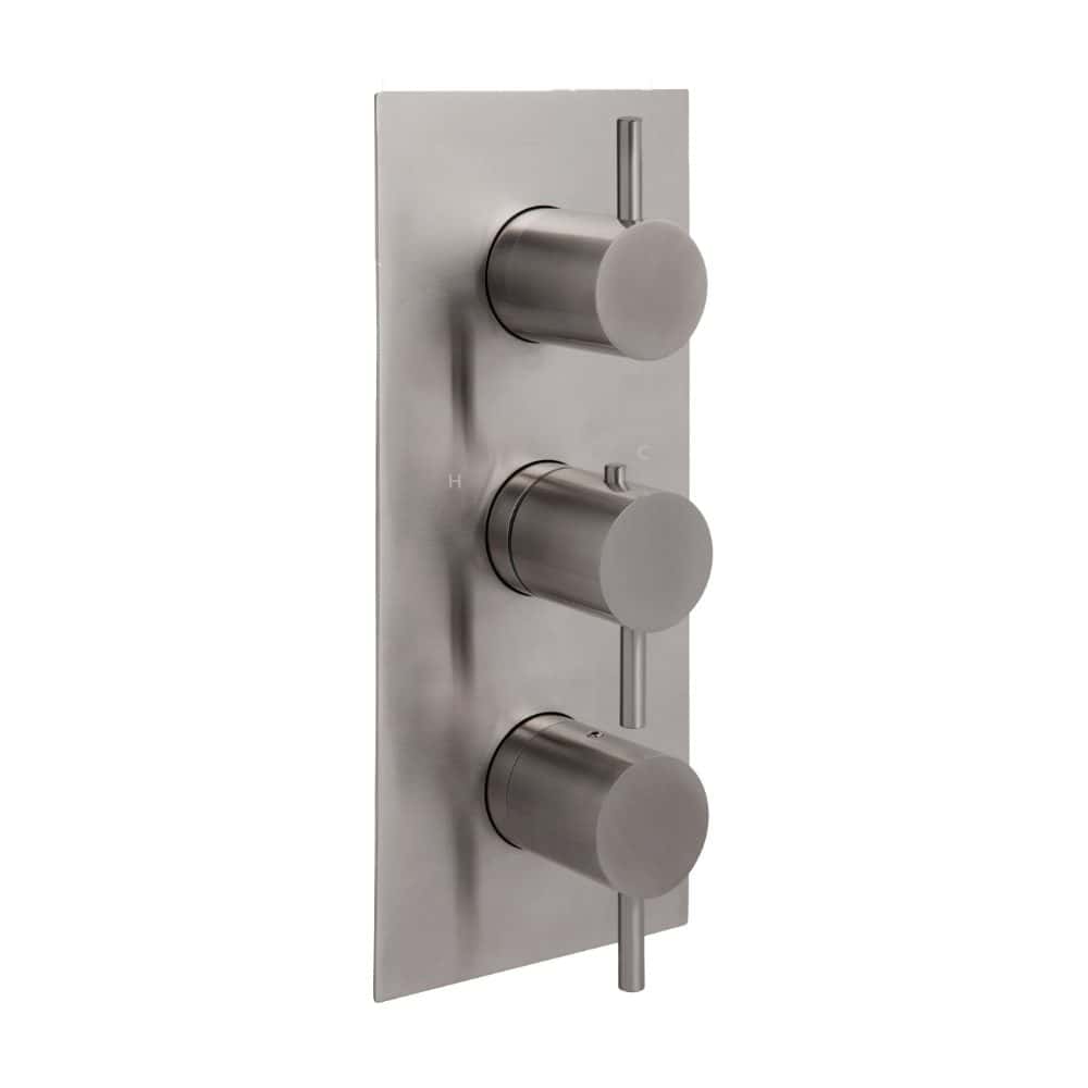 Elegant stainless steel shower valve control panel for modern bathrooms, featuring three adjustable knobs for precise temperature and flow management. Designed for durability and style.