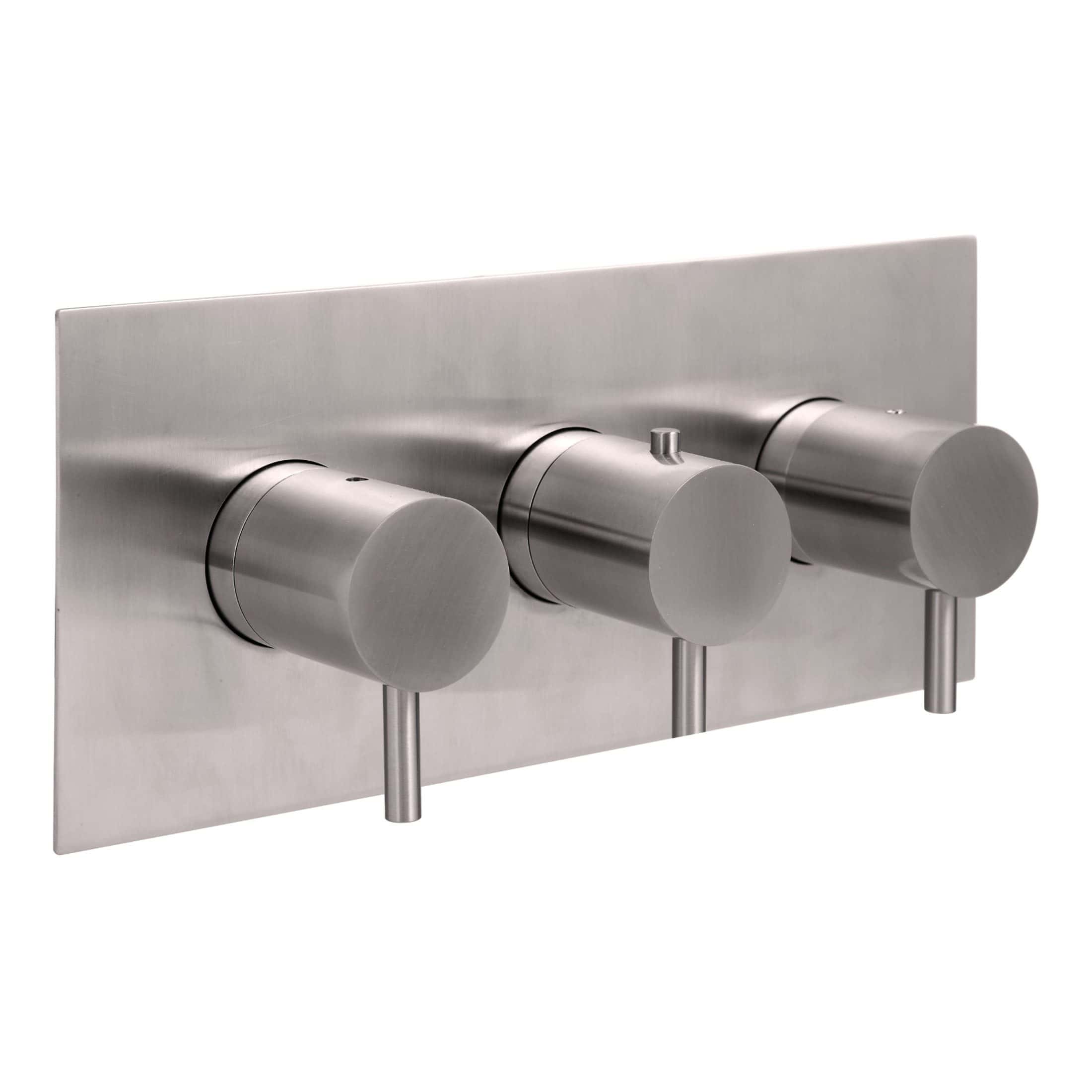 Sleek stainless steel wall-mounted shower control panel with three minimalist dials, ideal for modern bathrooms, offering precise temperature and flow control.