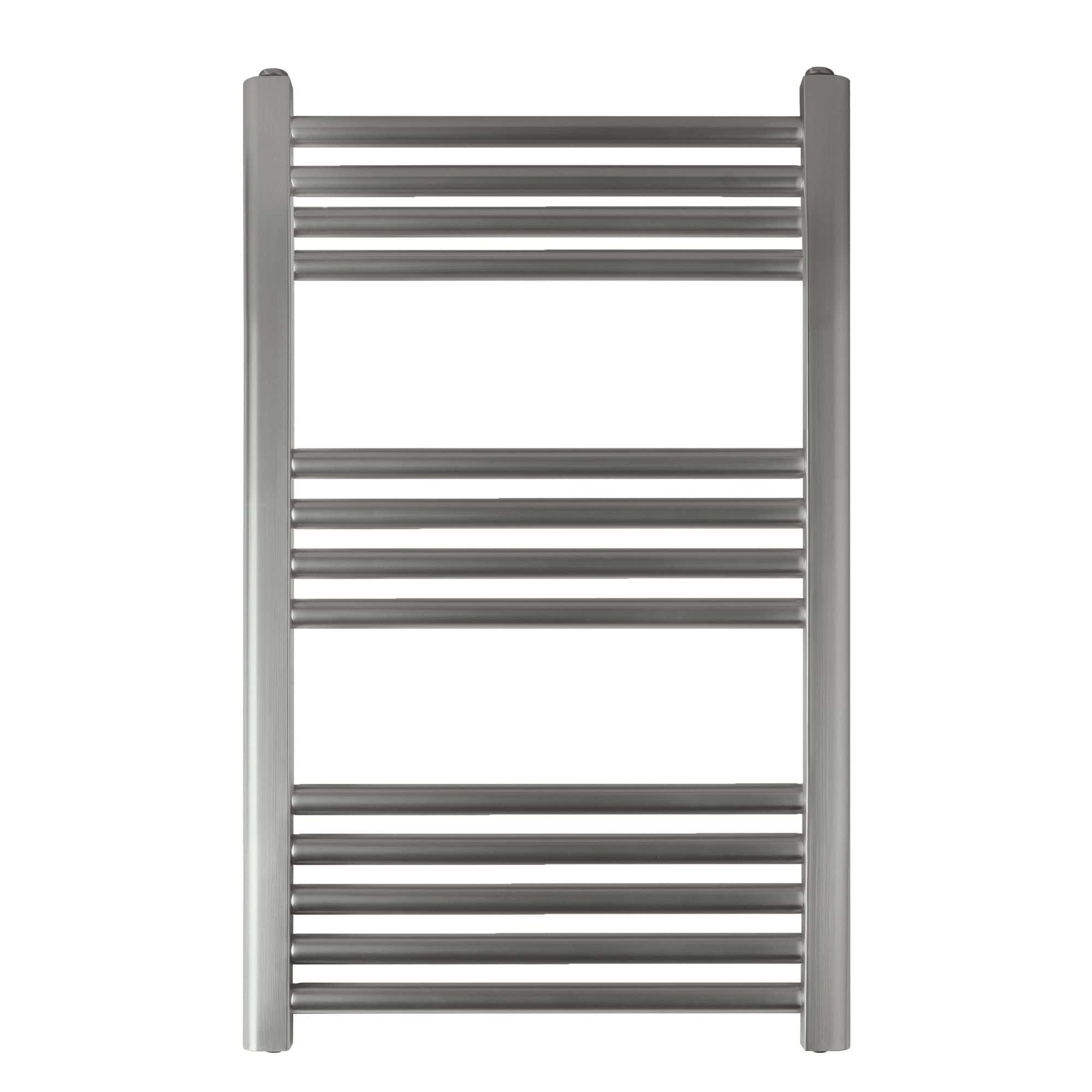 Polished stainless steel heated towel rail for bathroom warming and towel drying, modern and durable design by Bubly Bathrooms.