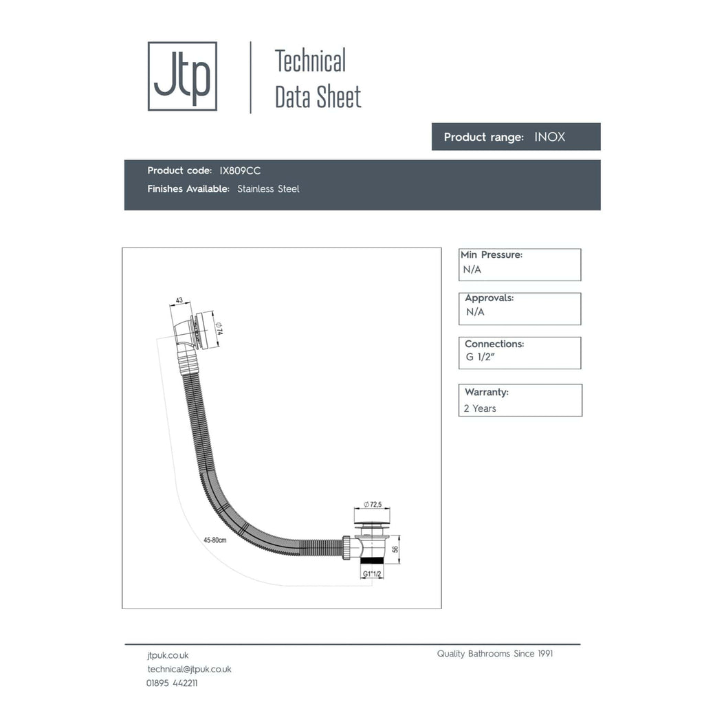 Flexible stainless steel bathroom sink drain hose, ideal for plumbing installations and repairs, with G 1/2" connections and a 45-80cm adjustable length.