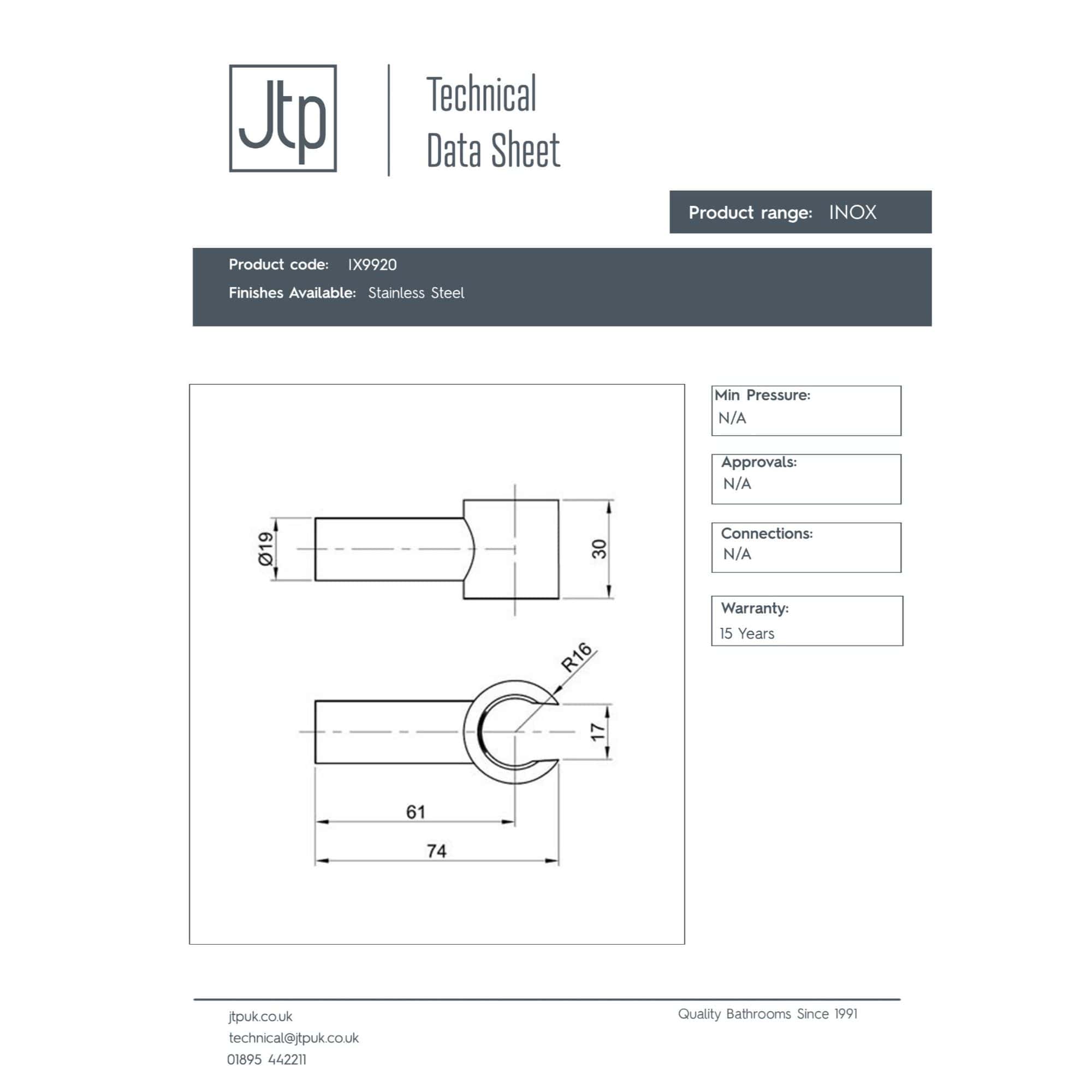 Stainless steel bathroom pipe fitting with detailed technical drawing, dimensions, and specifications for plumbing and bathroom renovation projects.