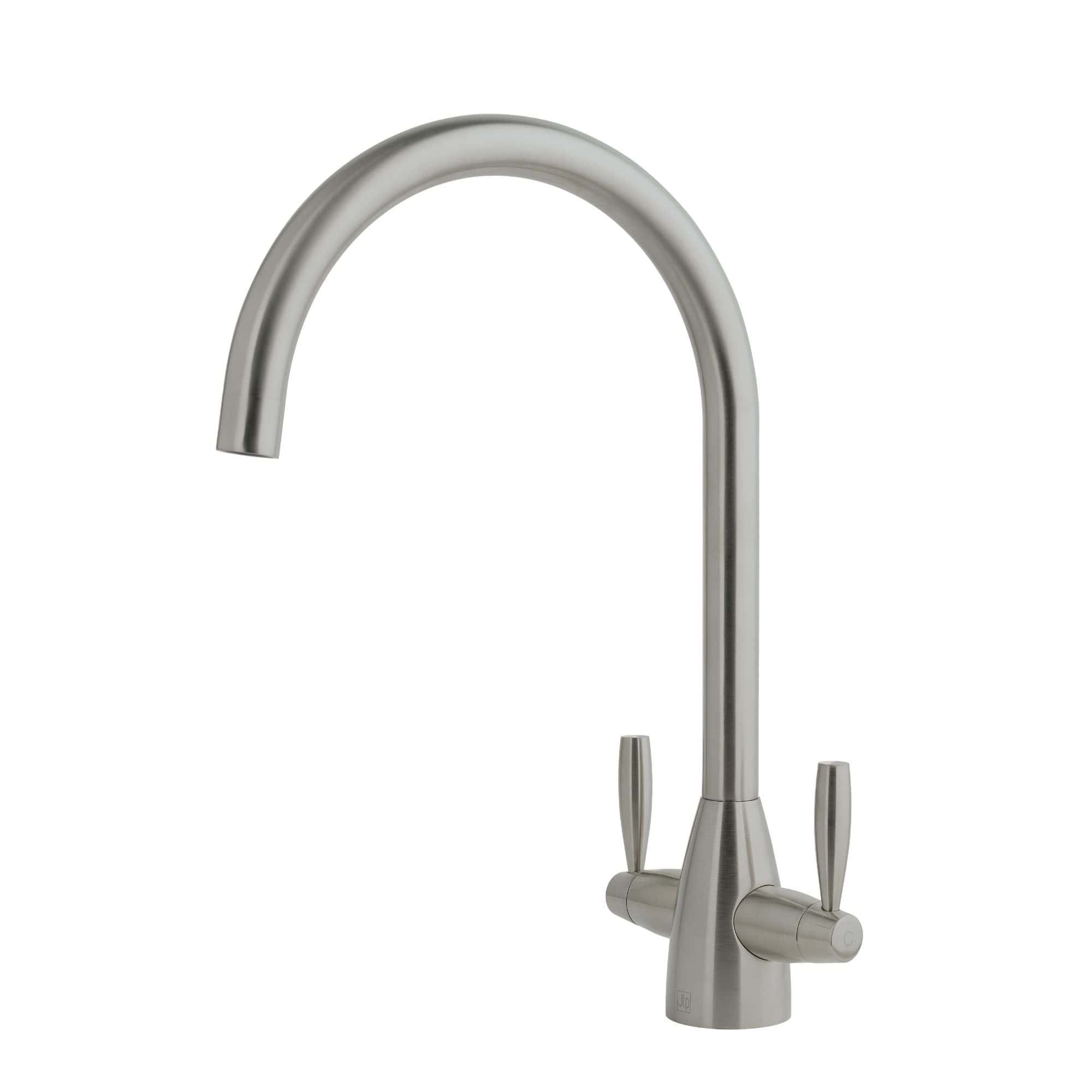 Polished stainless steel kitchen tap with dual lever handles and high-arc spout, ideal for modern bathroom or kitchen renovations. Durable and stylish for everyday use.
