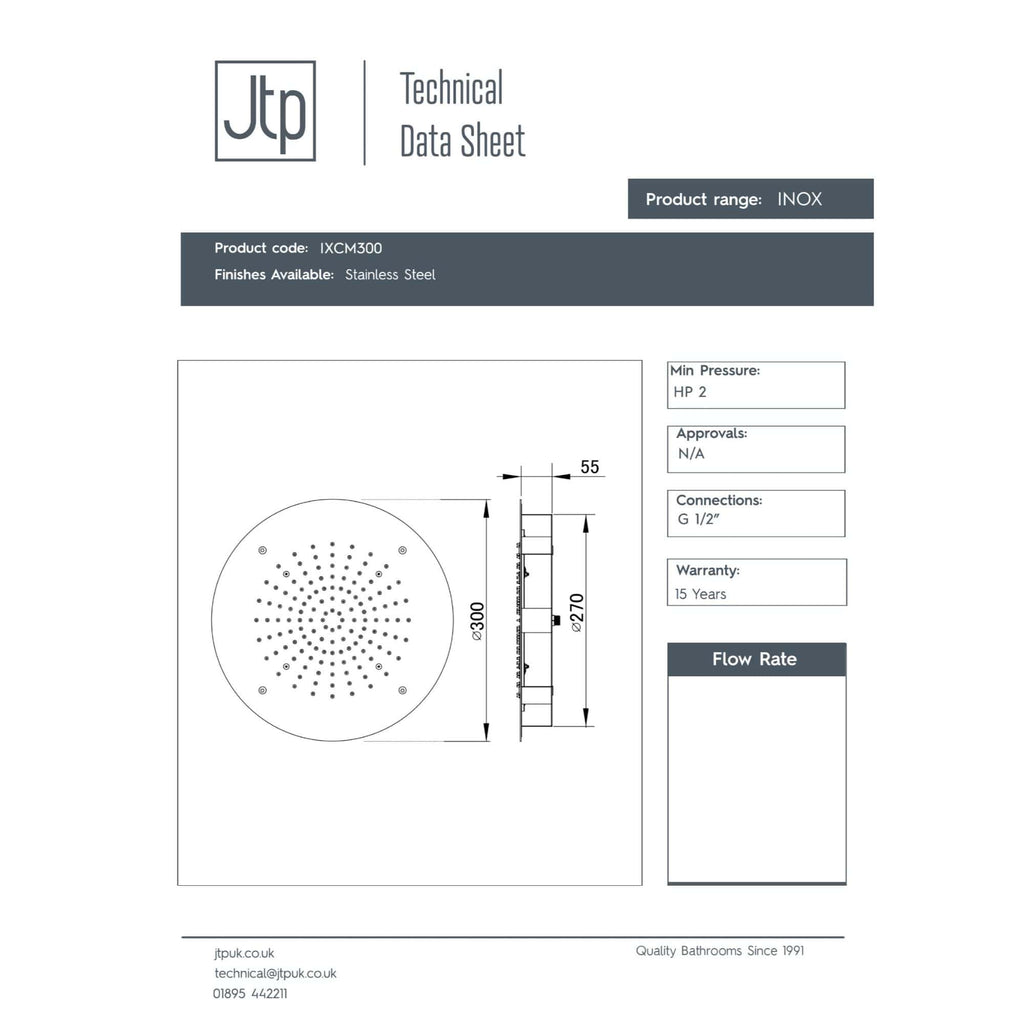High-quality stainless steel shower head with detailed technical specifications, dimensions, and connection info for premium Bubly Bathrooms bathroom fittings.