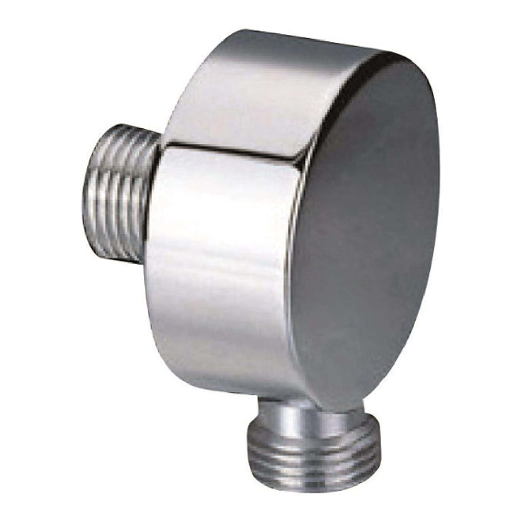 Polished chrome bathroom shower arm or fitting, ideal for modern bathroom fixtures and plumbing connections. Durable, corrosion-resistant metal part for reliable shower installation.