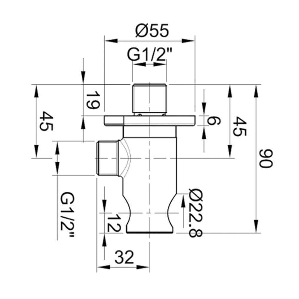 High-quality bathroom filler tap with detailed technical drawing, featuring measurements and G1/2" connection for modern bathroom installations. Ideal for contemporary bathroom design.
