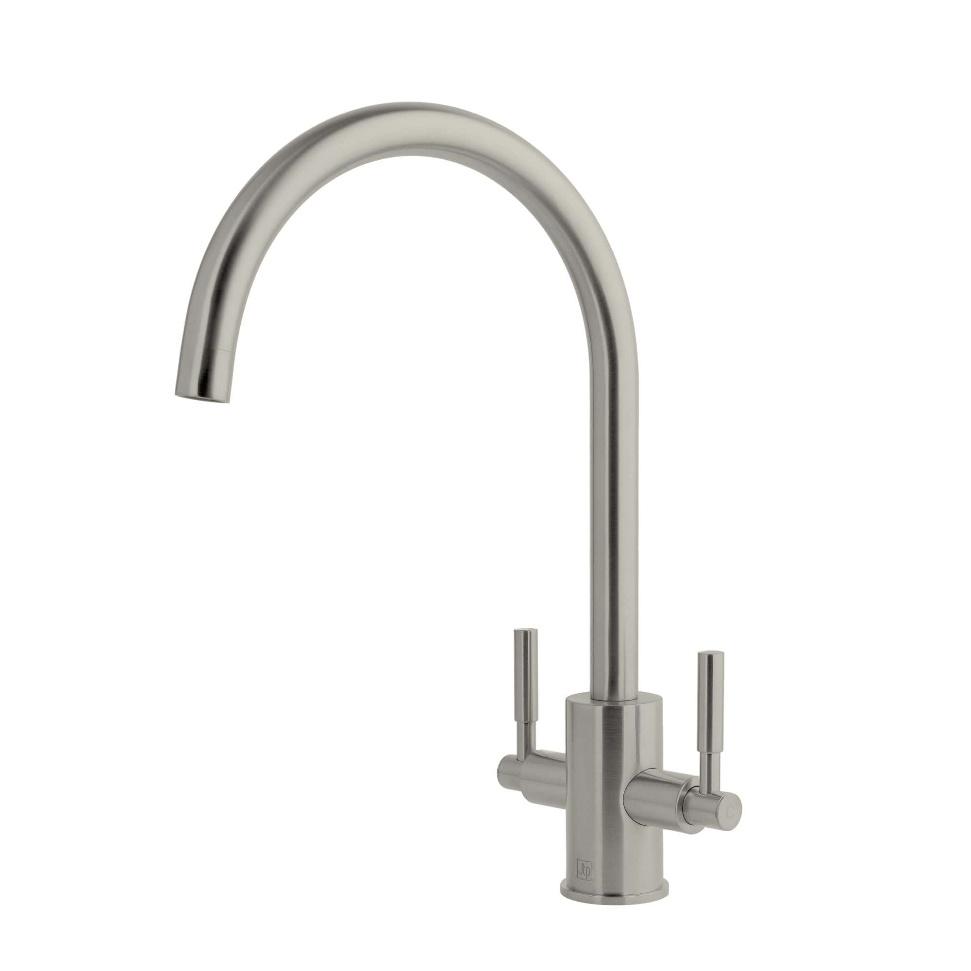 Sleek stainless steel kitchen tap with high arc design, modern double handle, ideal for contemporary bathroom or kitchen remodels, durable and easy to clean.