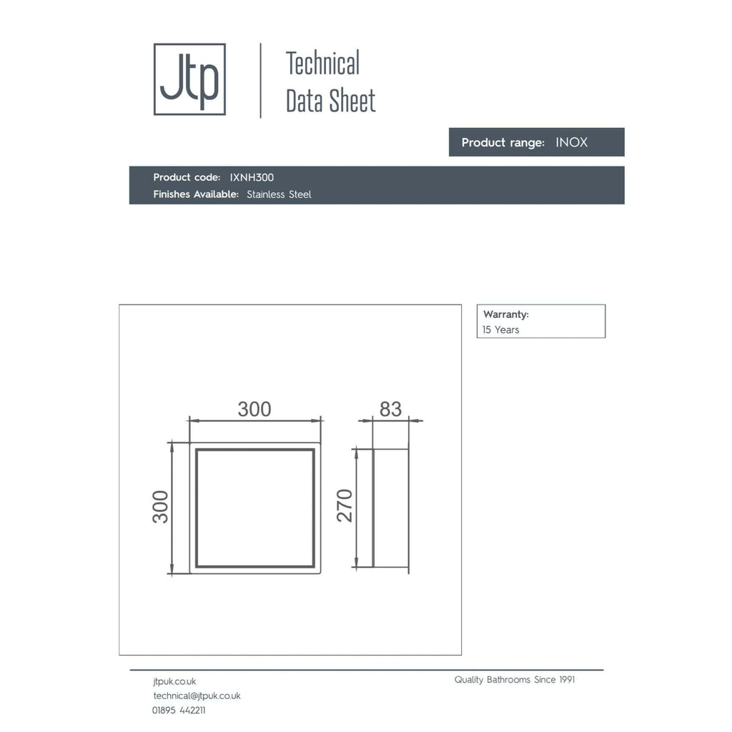 Sleek stainless steel square shower tray with dimensions 300mm x 300mm, designed for modern bathrooms, featuring durable finish and perfect for minimalist bathroom setups.