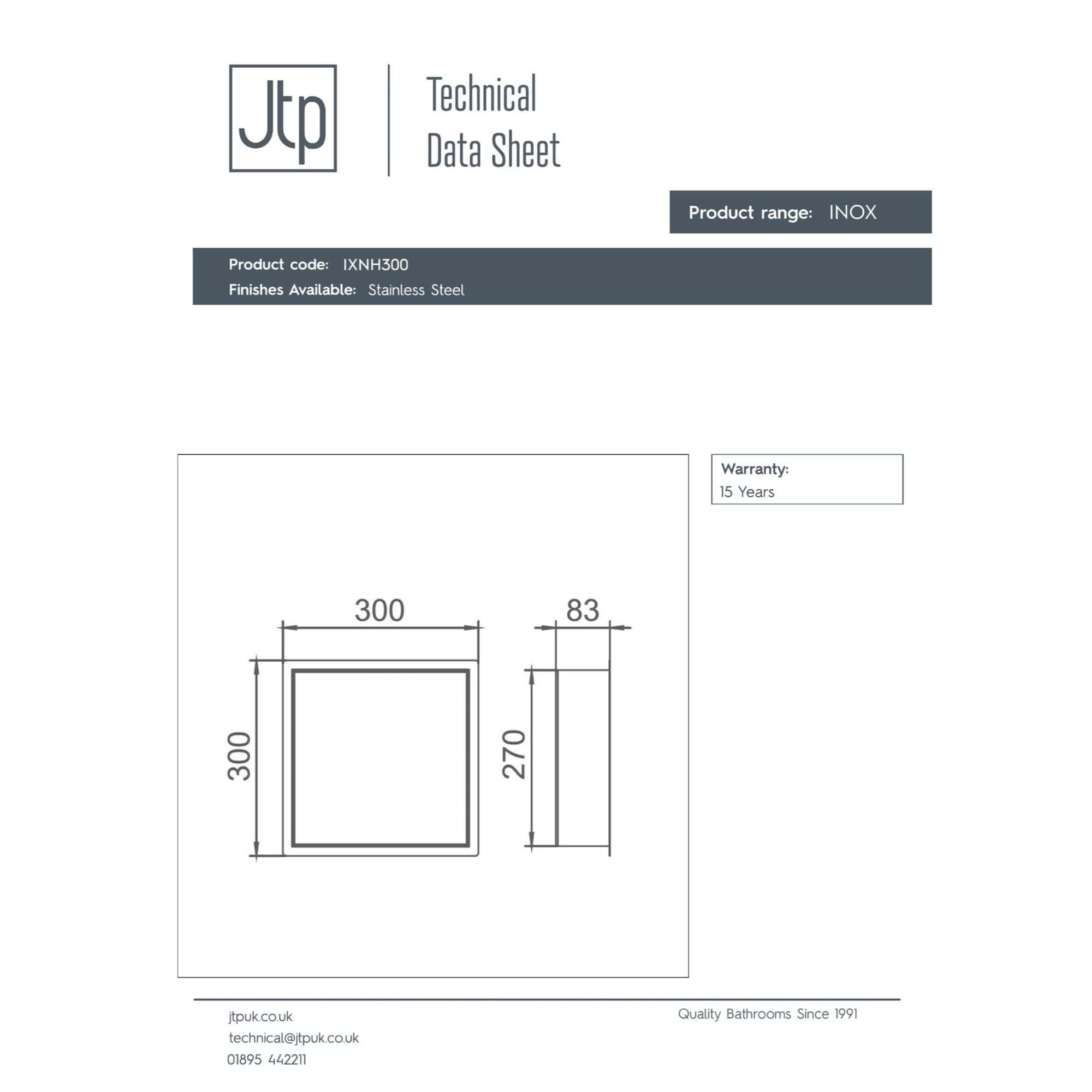 Sleek stainless steel square shower tray with dimensions 300mm x 300mm, designed for modern bathrooms, featuring durable finish and perfect for minimalist bathroom setups.