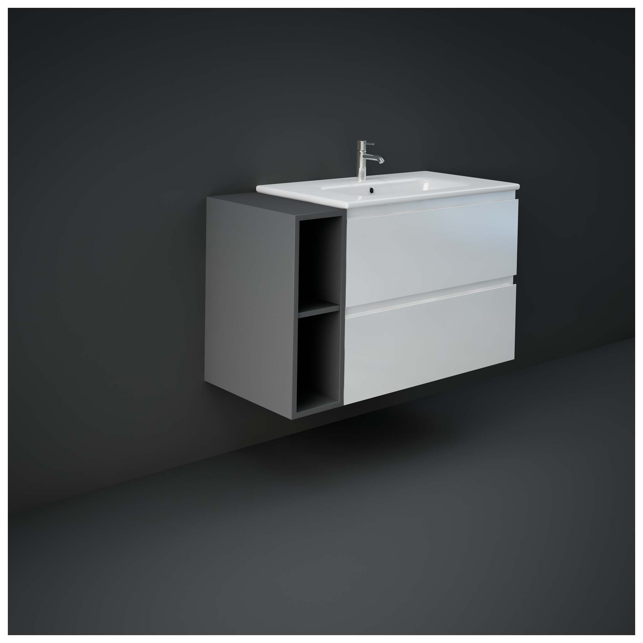 Modern bathroom vanity unit with integrated sink, sleek white drawers, and open shelving for storage, ideal for contemporary bathroom designs.