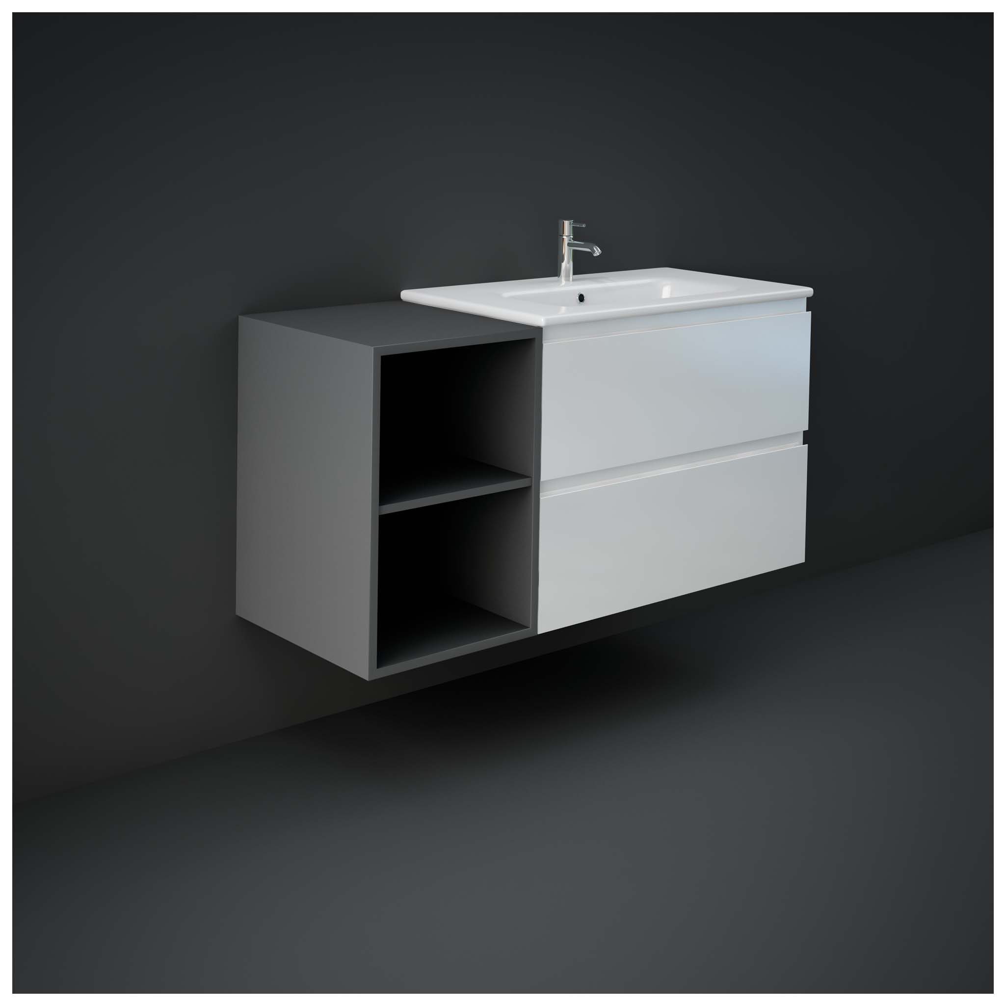 Modern bathroom vanity with integrated sink and storage drawers, minimalist design, sleek grey and white finish, ideal for contemporary bathrooms.