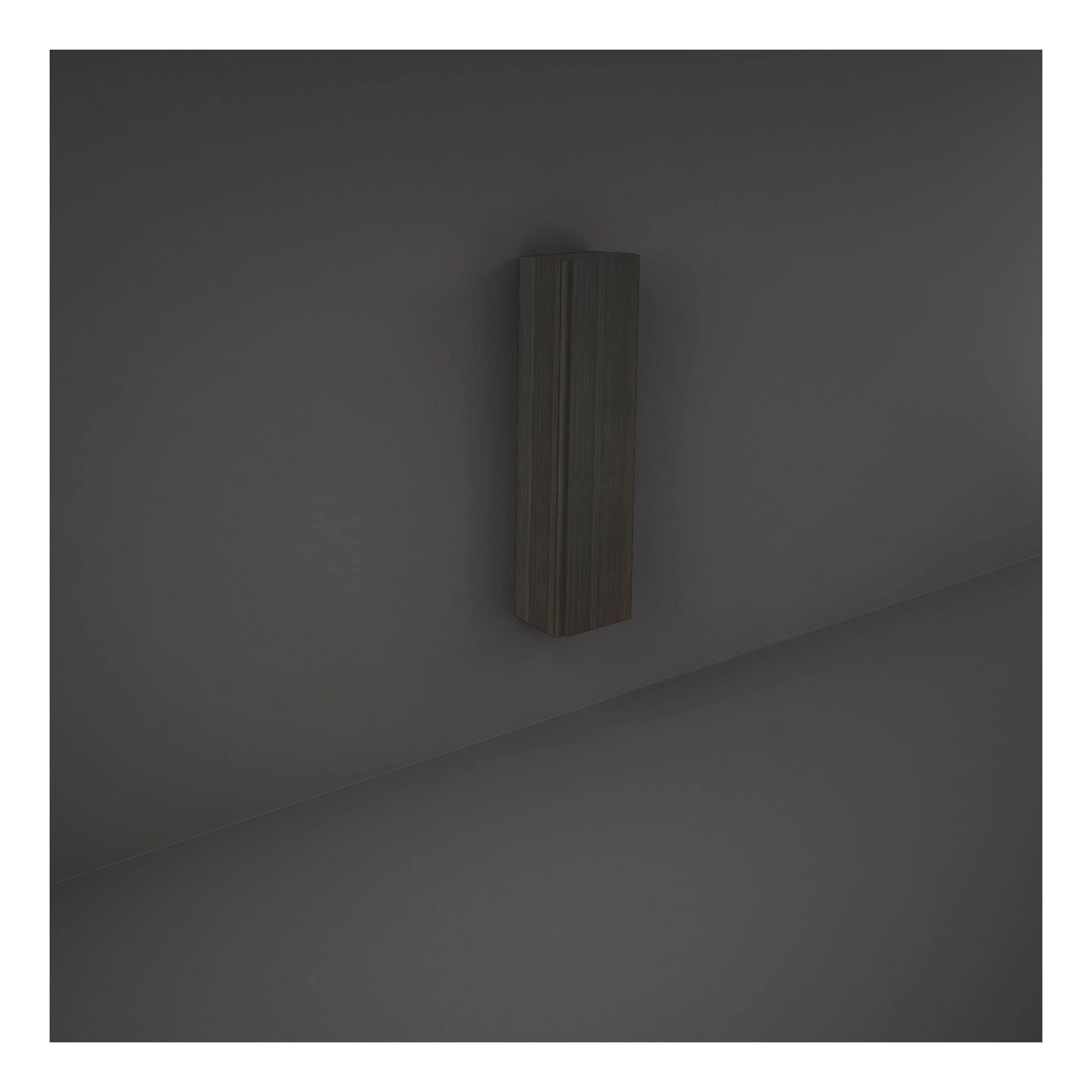Sleek modern wooden bathroom cabinet mounted on a grey wall, part of contemporary bathroom storage solutions.