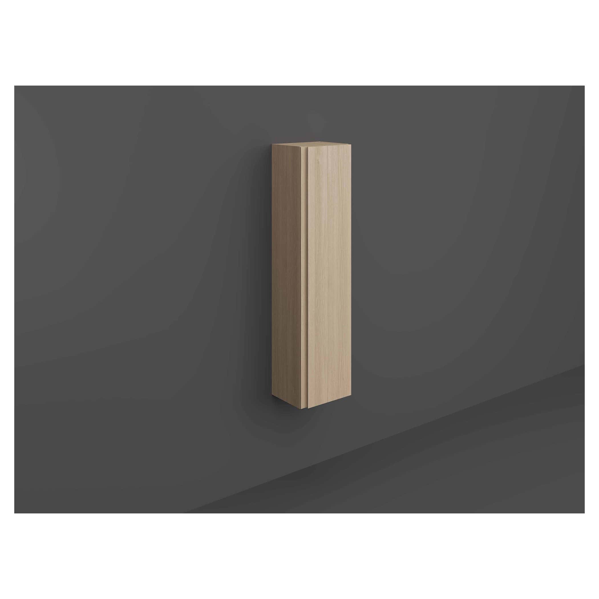 Modern wooden bathroom radiator in natural finish on a grey wall, showcasing contemporary bathroom heating solutions.
