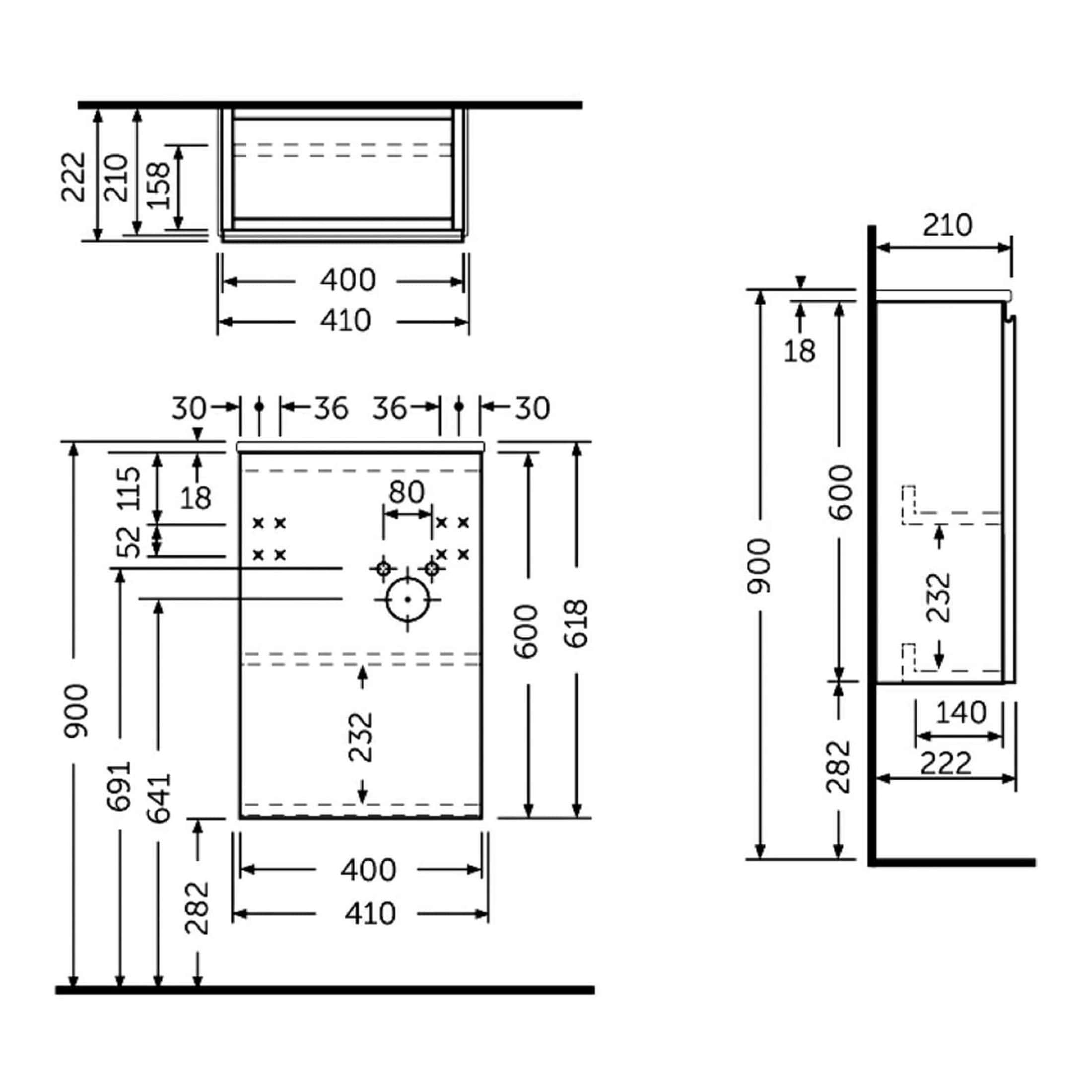 Modern bathroom vanity with detailed technical drawing, including measurements for installation and design specifications for high-quality bathroom fixtures.