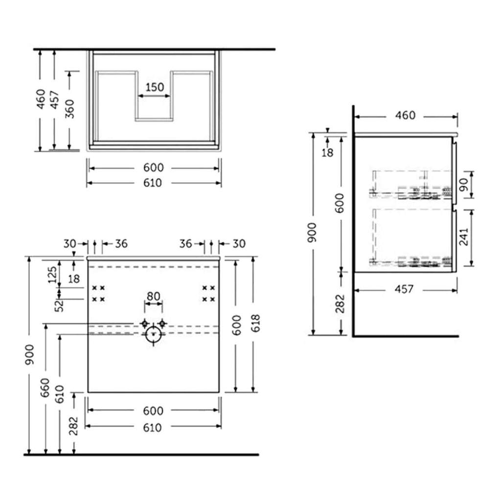 Bathroom vanity unit technical drawing with measurements and installation details for Bubly Bathrooms. Perfect for bathroom renovation projects and design planning.