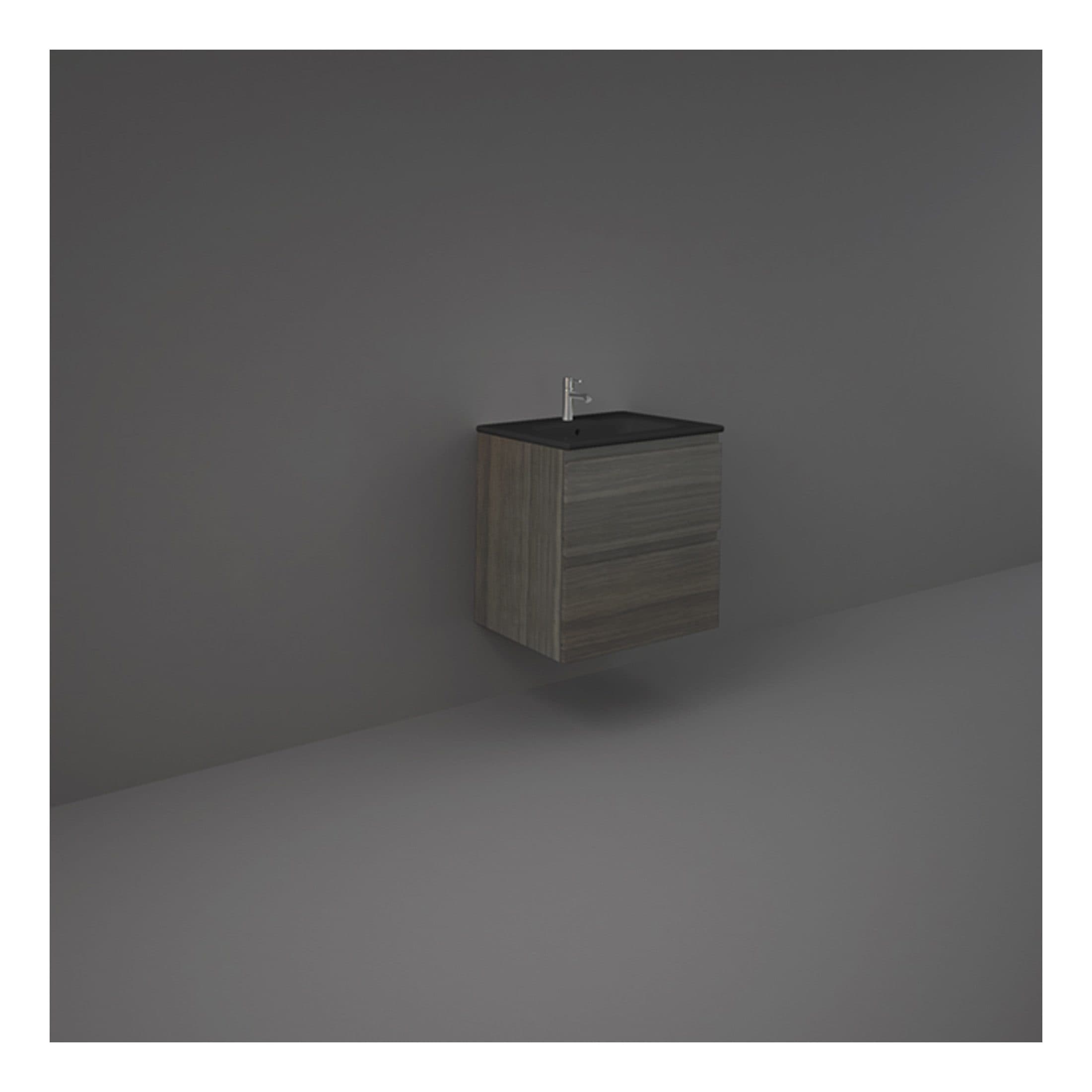Sleek modern bathroom vanity with a black sink and wooden cabinet, ideal for contemporary bathroom design and storage solutions. Perfect for stylish and functional bathroom decor.