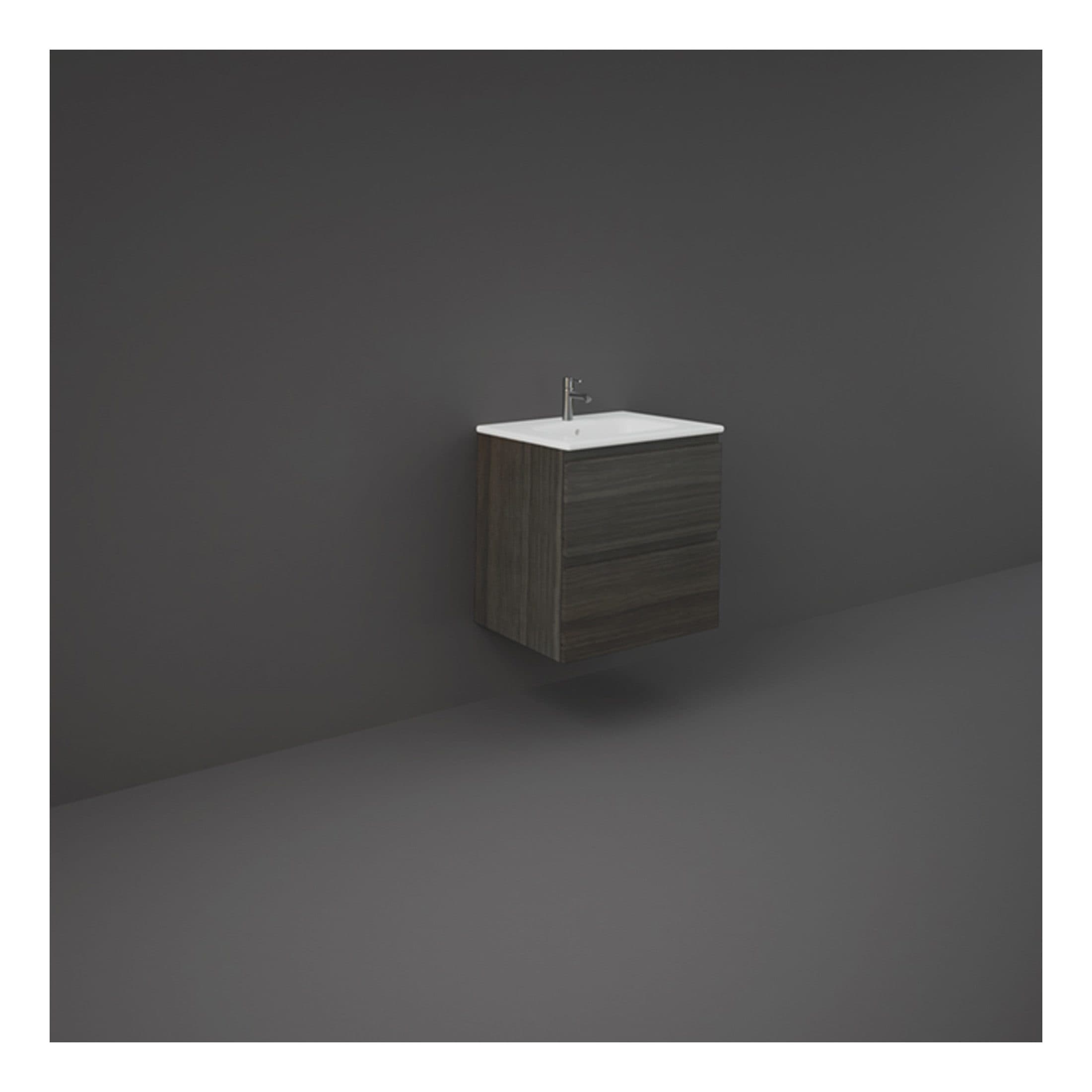 Floating bathroom vanity with sink and chrome faucet, modern design, dark wood finish, wall-mounted, ideal for contemporary bathrooms.