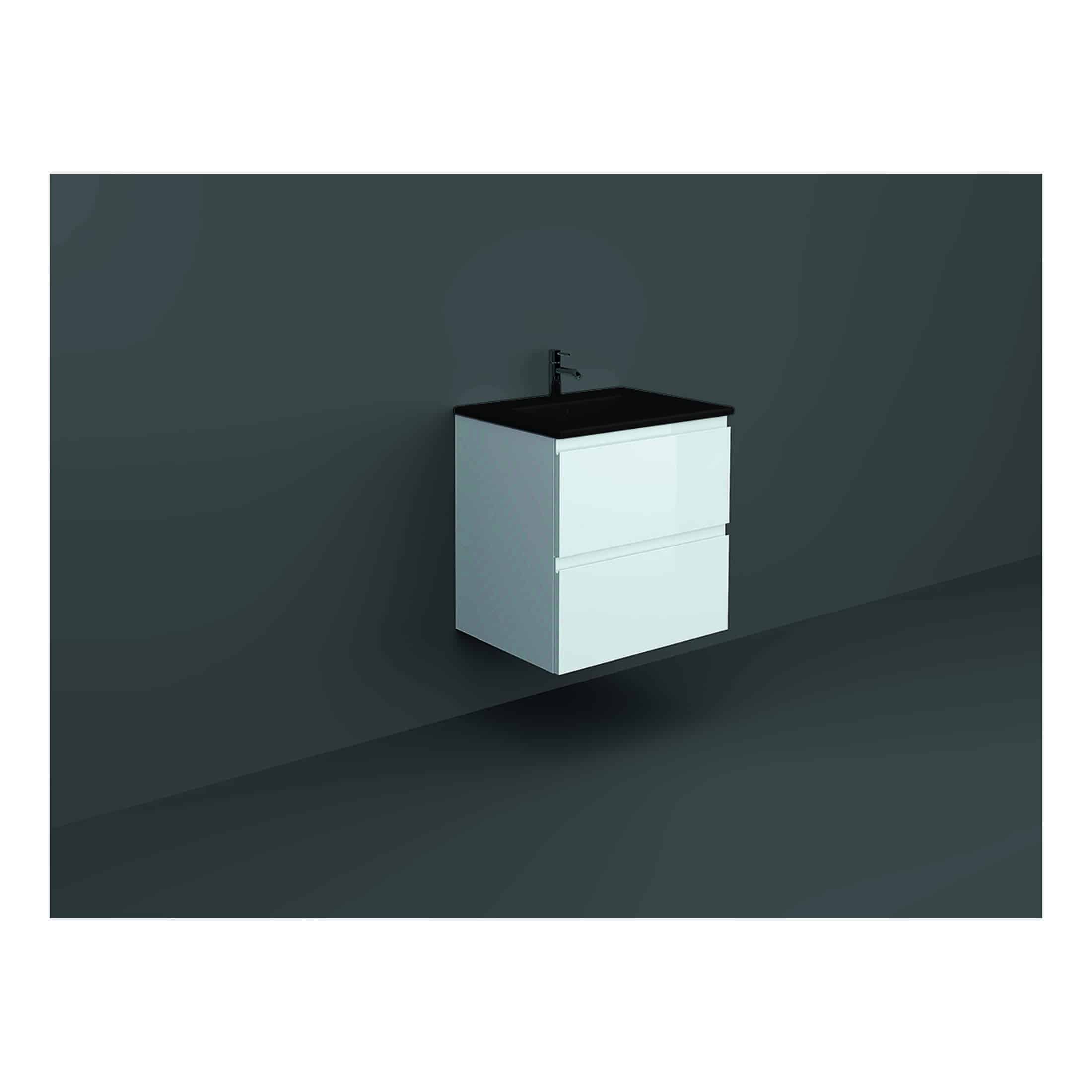 Modern white bathroom vanity with black countertop and integrated sink, minimalist design, suitable for contemporary bathroom interiors.