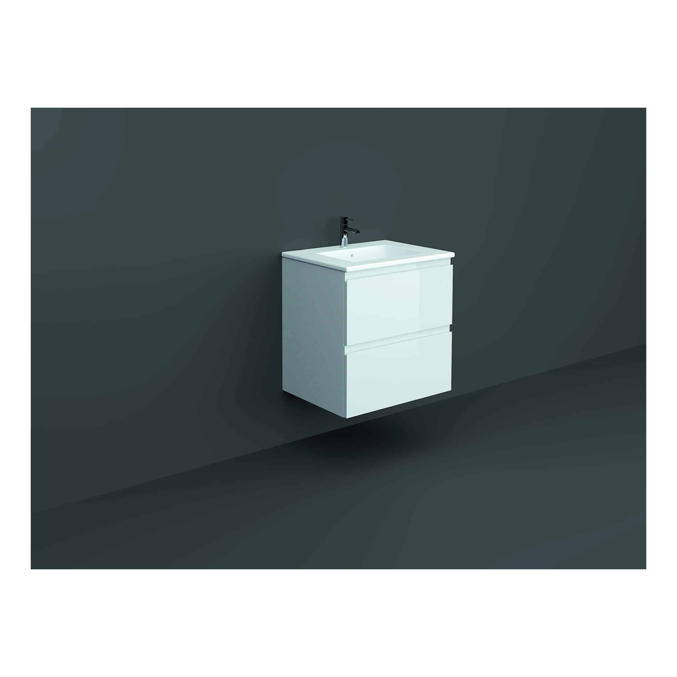 Sleek white bathroom vanity with integrated sink and modern black faucet against a dark grey wall, ideal for contemporary bathroom designs.