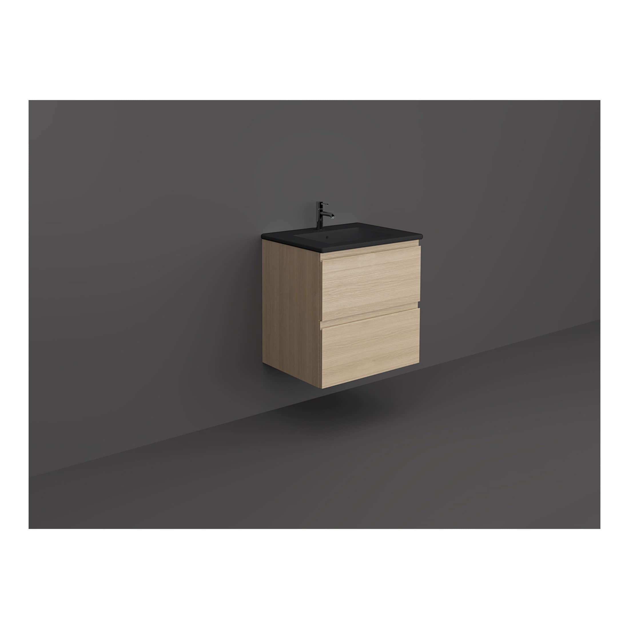 Sleek modern bathroom vanity with a black countertop and integrated basin, featuring light wooden drawers set against a grey wall. Perfect for contemporary bathroom designs.
