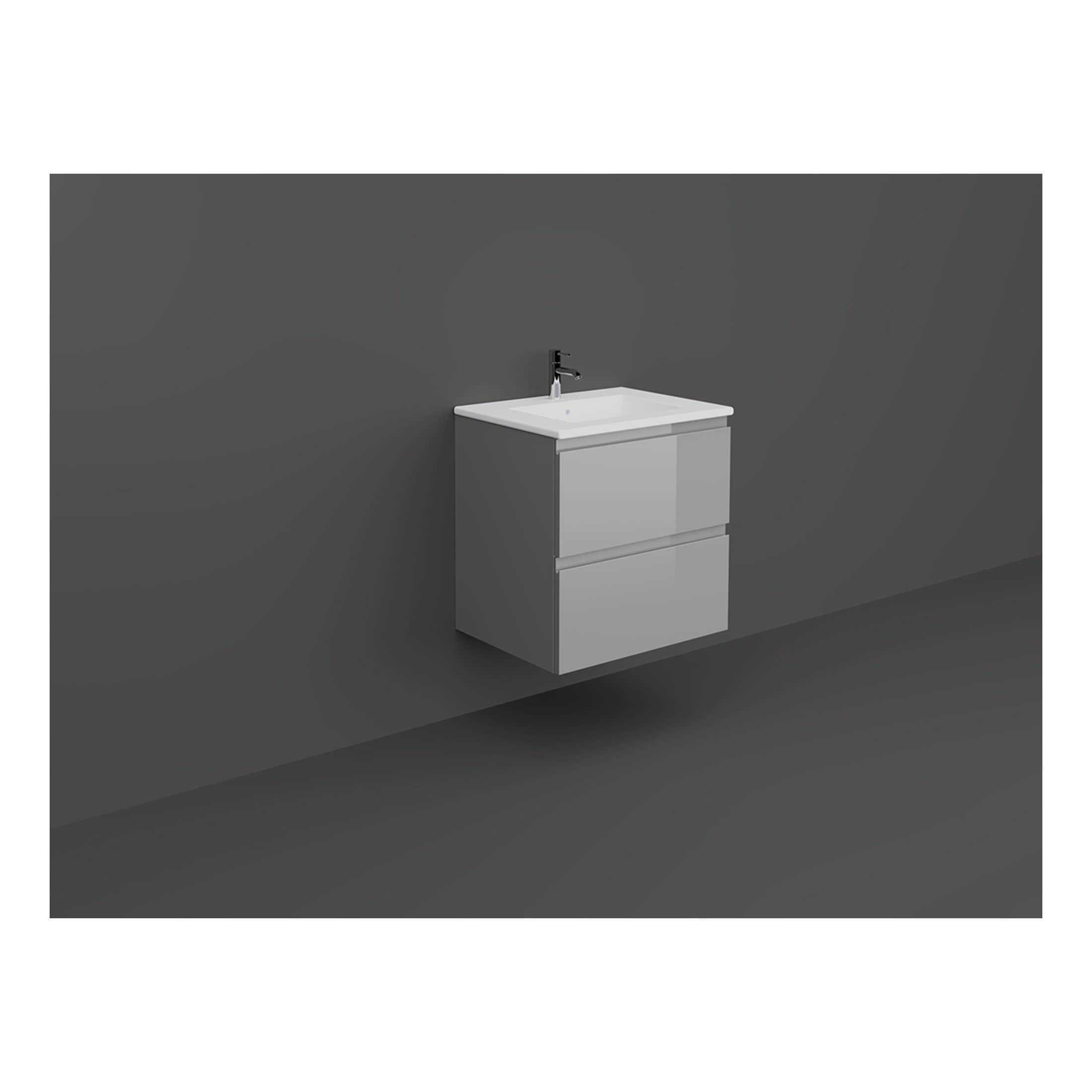 Minimalist grey bathroom vanity unit with integrated sink and black faucet, modern bathroom furniture, clean design for contemporary bathrooms, Bubly Bathrooms collection.