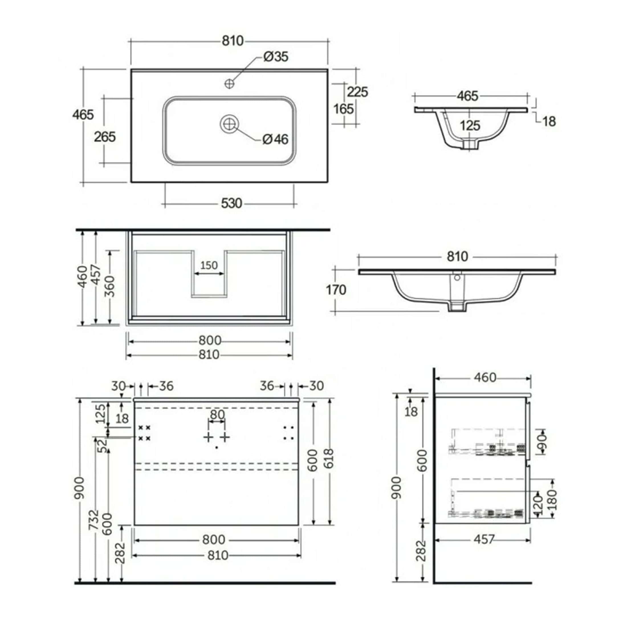 Modern bathroom sink and countertop with detailed technical drawings and measurements for custom bathroom design. Ideal for bathroom renovation projects and installation planning.