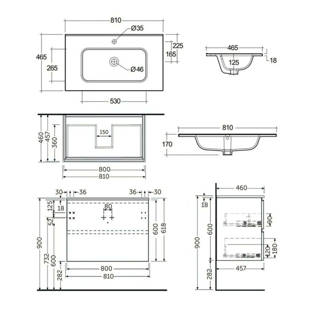 Modern bathroom sink and countertop with detailed technical drawings and measurements for custom bathroom design. Ideal for bathroom renovation projects and installation planning.
