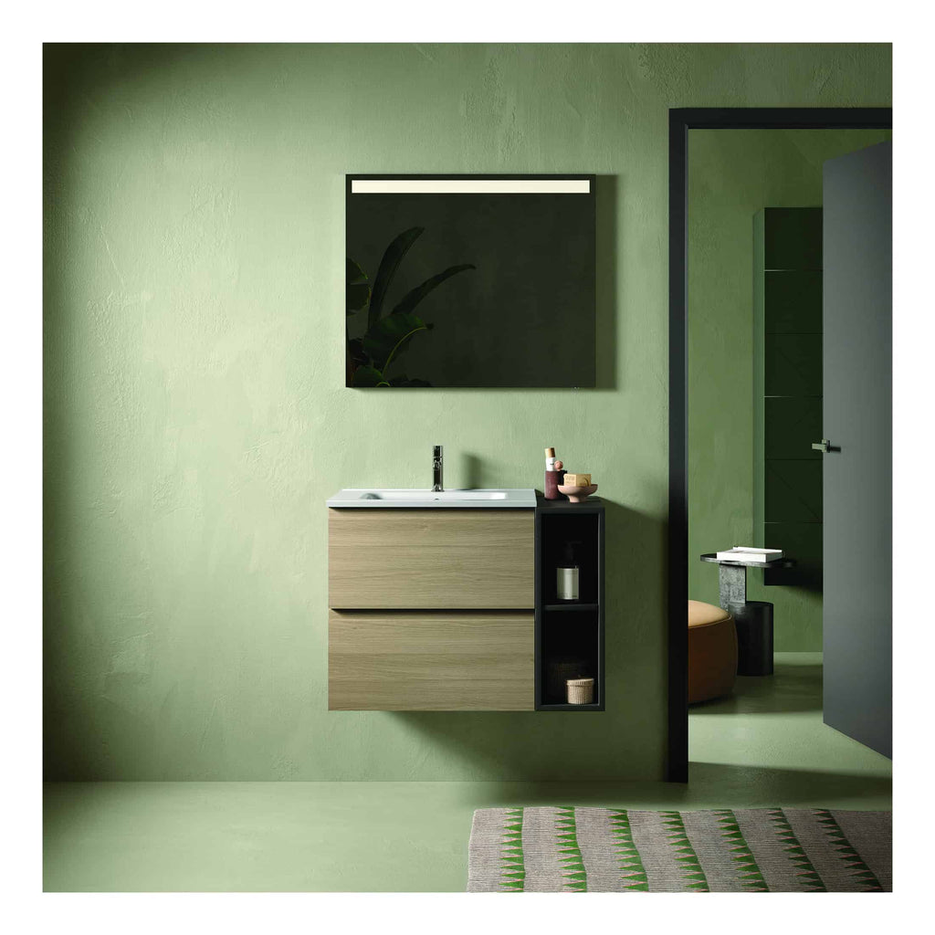 Modern green bathroom with wall-mounted wooden vanity unit, mirror, and black accents, creating a sleek and natural bathroom design. Perfect for a contemporary and eco-friendly bathroom makeover.