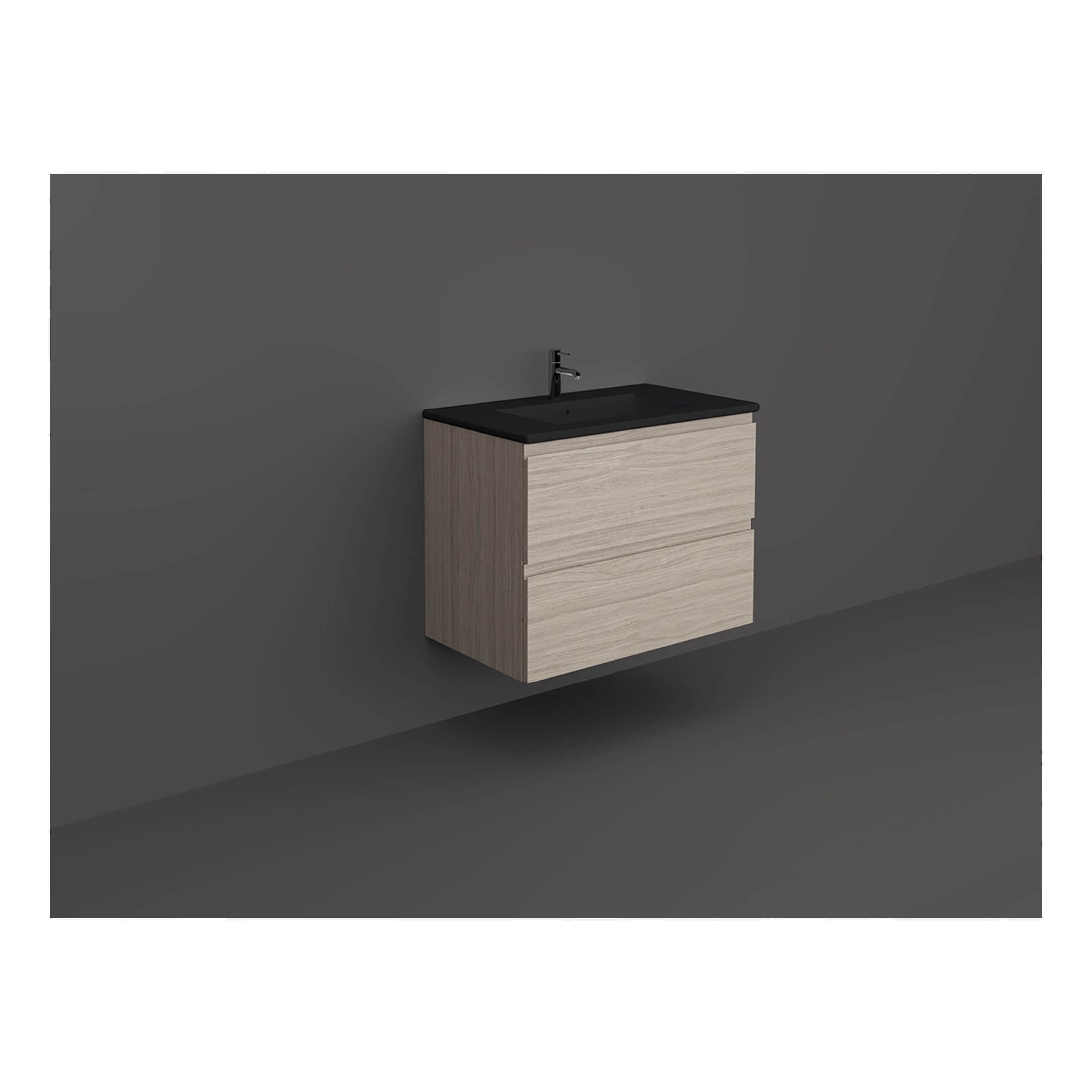 Contemporary bathroom vanity unit with a black countertop and integrated sink, featuring a minimalist wooden design, perfect for modern bathroom decor. Suitable for small to medium bathrooms.