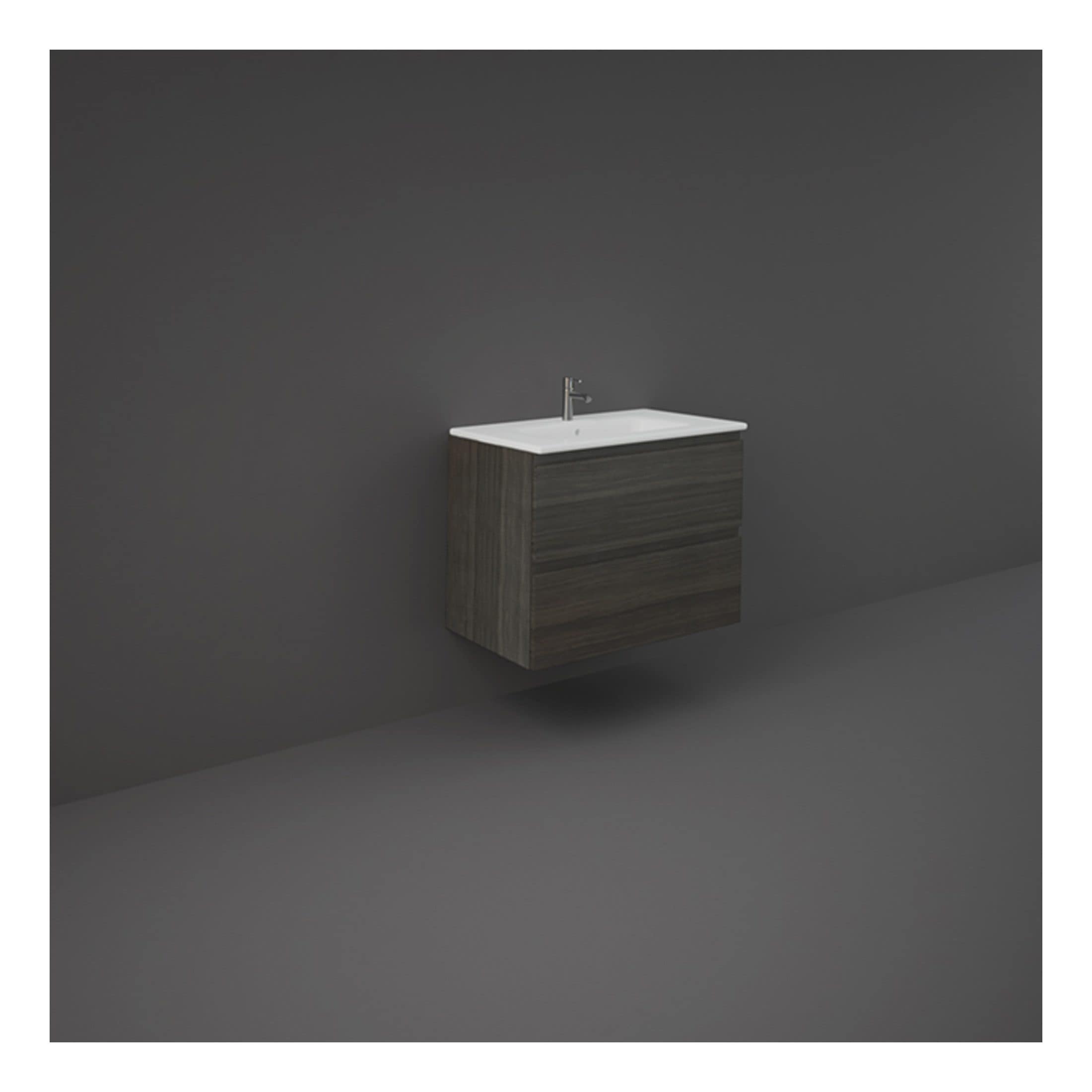 Modern bathroom vanity unit with a sleek white ceramic sink and dark wood finish, designed for contemporary bathroom interiors, available at Bubly Bathrooms in the UK.