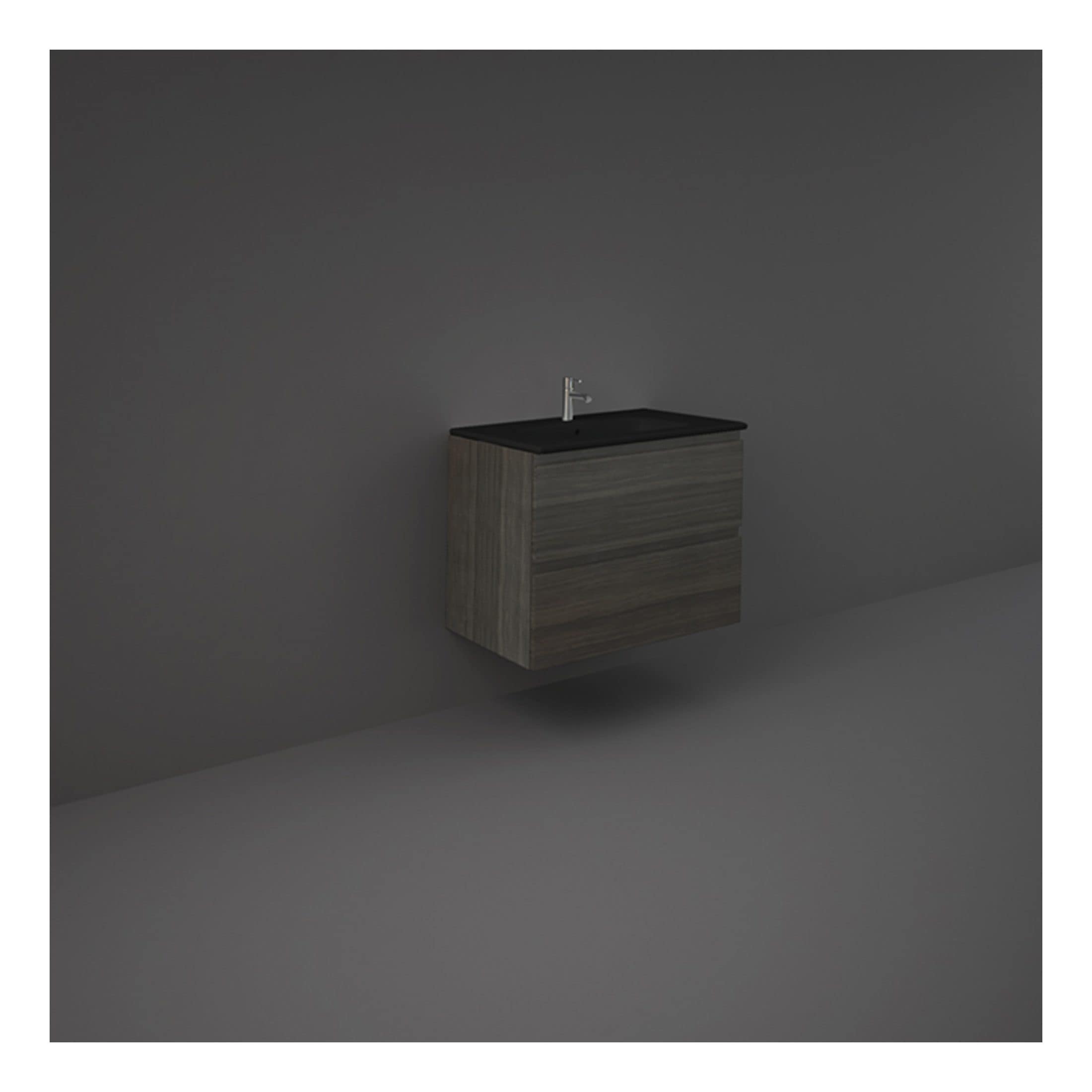 Sleek modern bathroom vanity with dark countertop and wood finish, wall-mounted design, ideal for contemporary bathroom decor, offering both style and functionality.