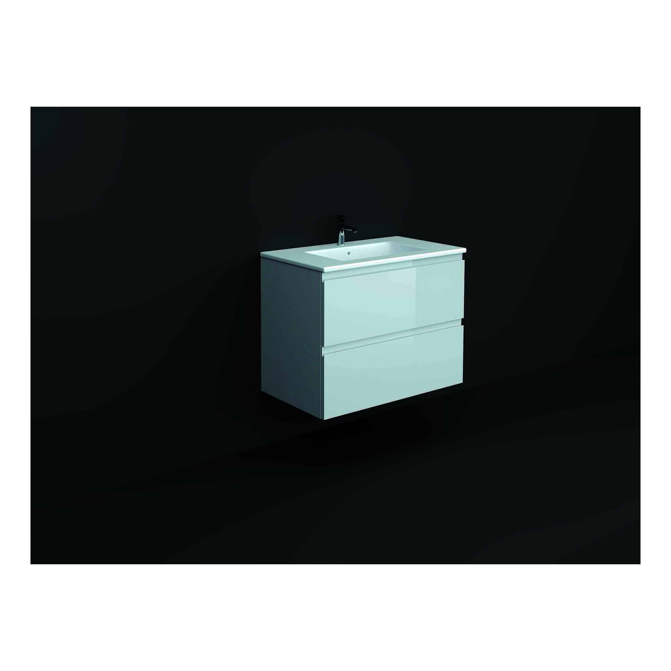 Contemporary white bathroom vanity with integrated sink and black faucet, minimalist design, sleek storage drawers, modern bathroom furniture, against a dark background.