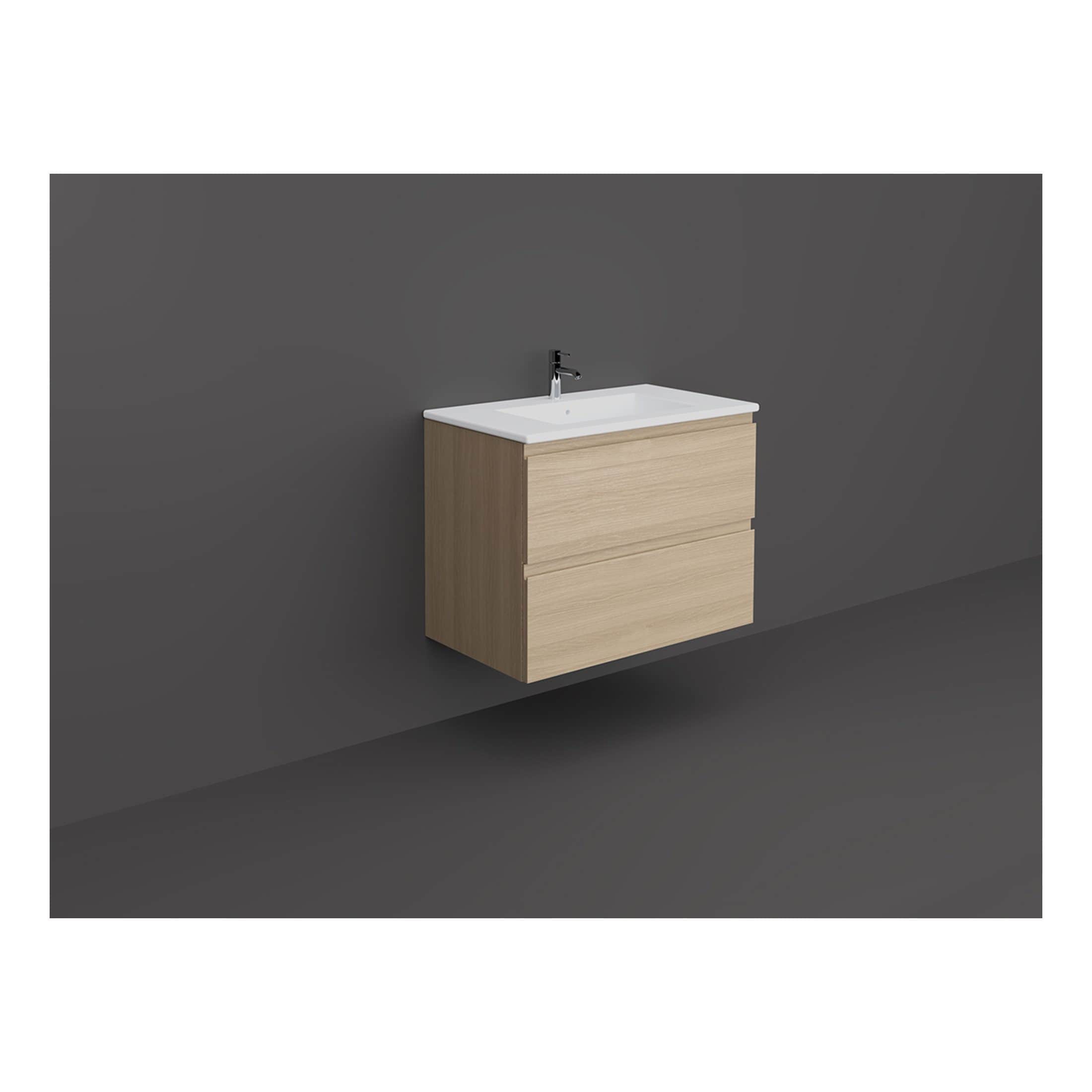 Modern beige wooden bathroom vanity with integrated white ceramic sink and chrome faucet, minimalist design, ideal for contemporary bathroom decor.