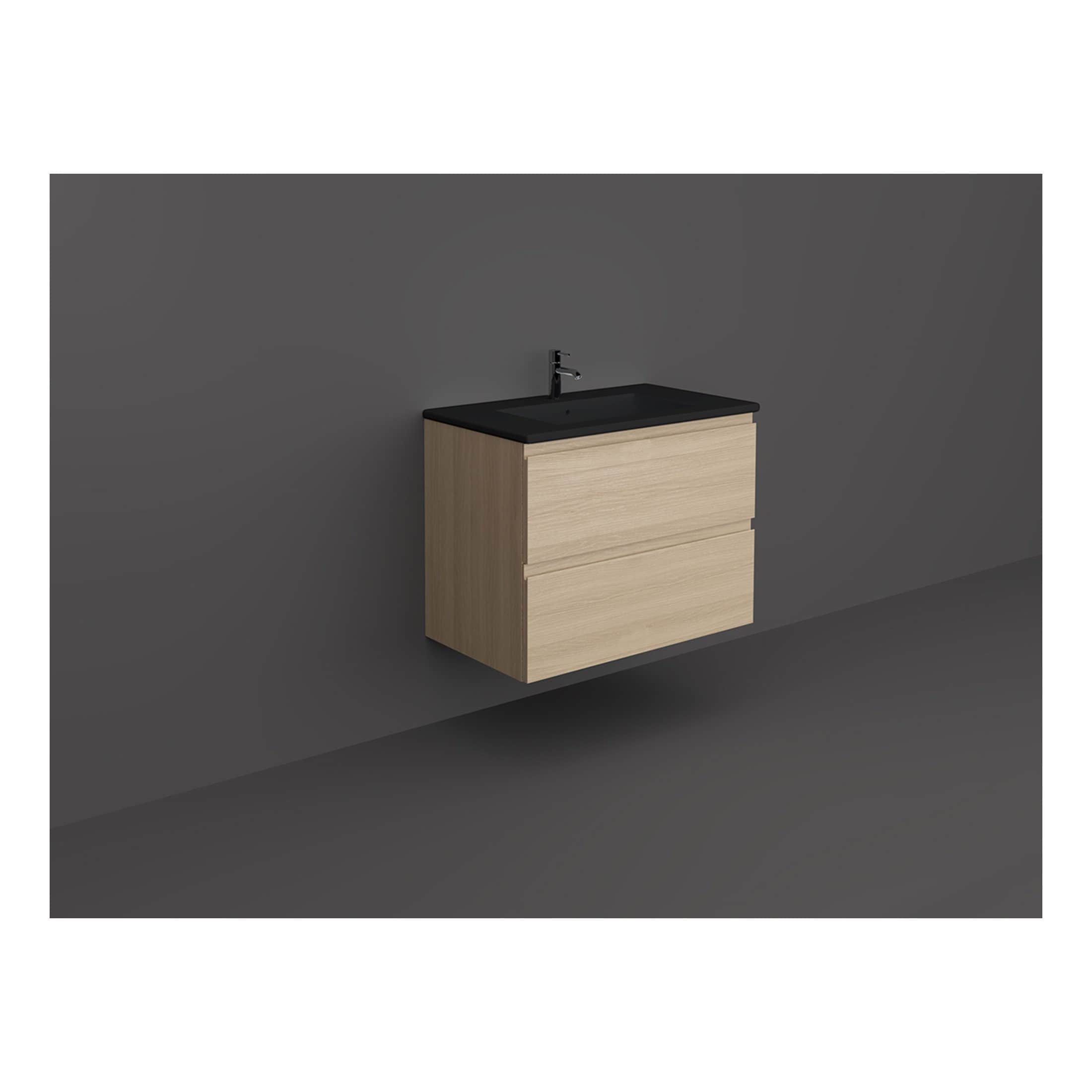 Minimalist bathroom vanity with natural wood finish and black countertop, featuring sleek storage drawers, modern design, and integrated sink for contemporary bathroom decor.