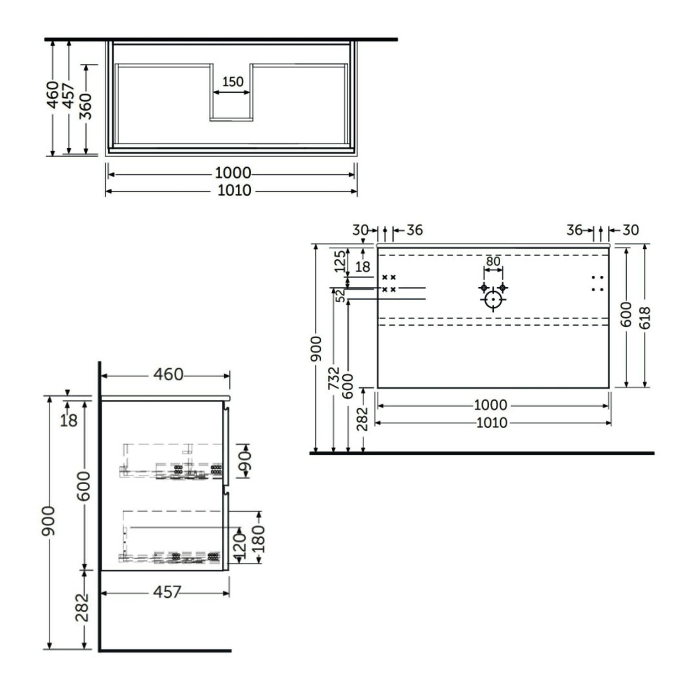 Precise bathroom vanity cabinet technical drawing with measurements, showcasing modern bathroom storage and installation details for customised bathroom design.
