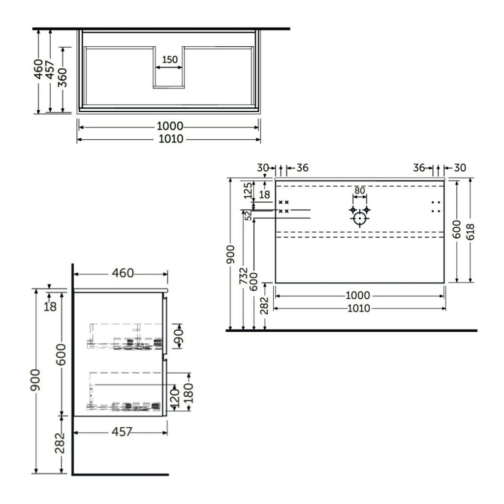 Precise bathroom vanity cabinet technical drawing with measurements, showcasing modern bathroom storage and installation details for customised bathroom design.