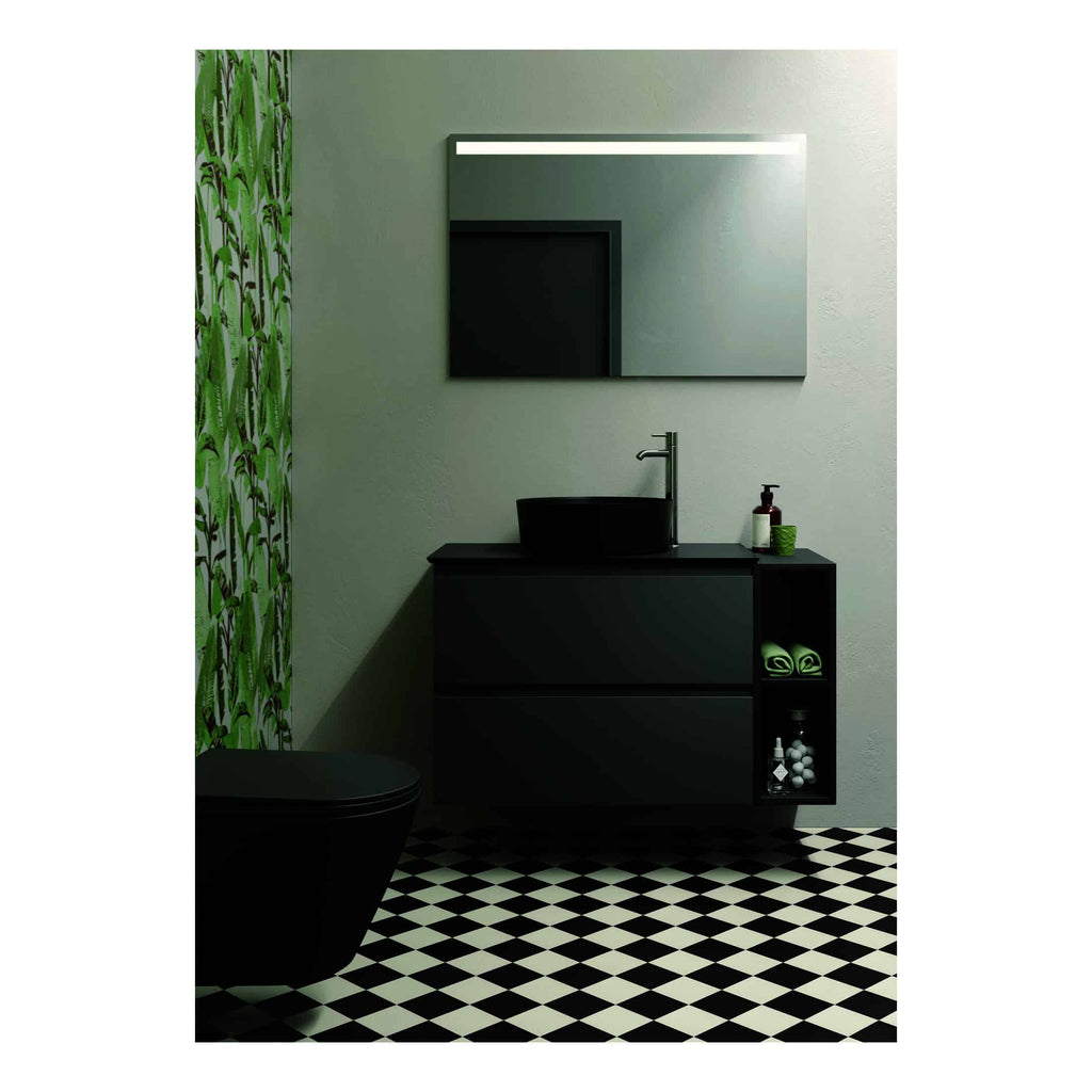 Sleek black modern bathroom vanity with vessel sink, mounted on a stylish black cabinet, complemented by a large wall-mounted mirror and contemporary decor in a minimalist bathroom setting.
