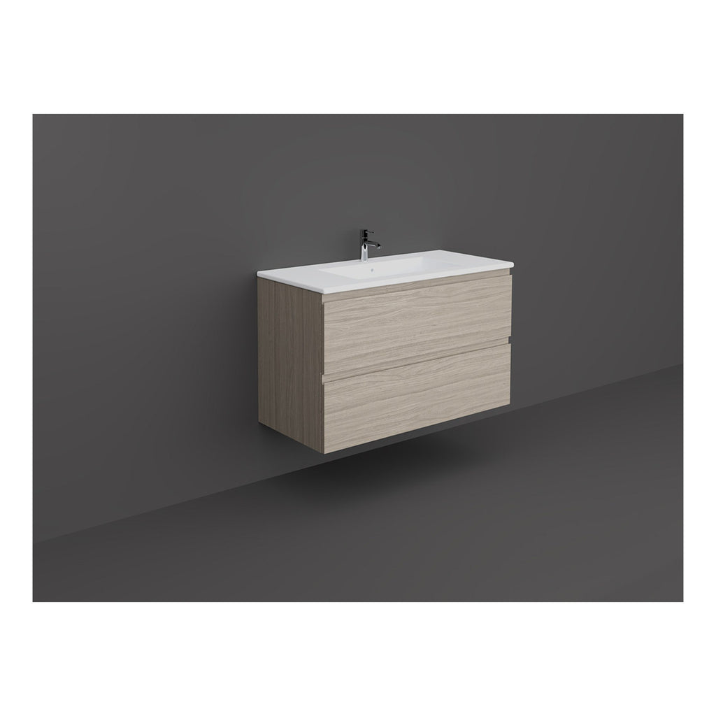 Modern wooden bathroom vanity unit with integrated sink and chrome faucet, minimalist design for contemporary bathrooms.