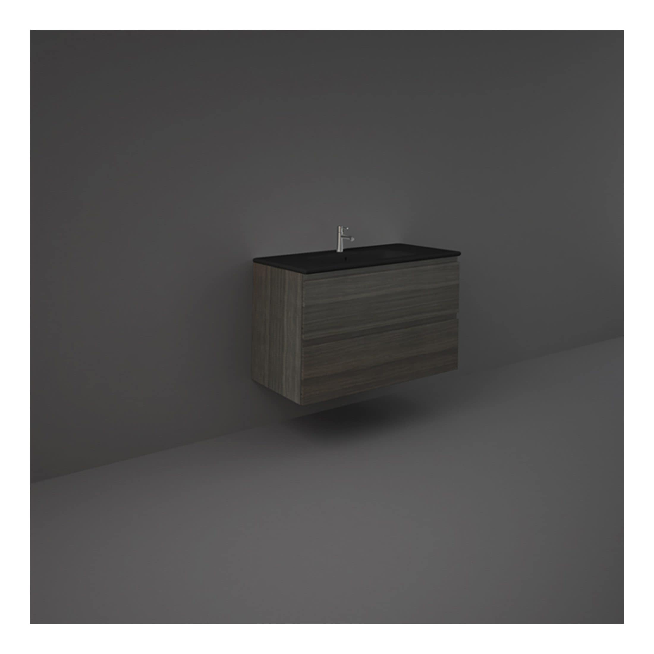 Polished bathroom vanity with wall-mounted design, dark countertop, sleek wooden finish, modern bathroom furniture, minimalist aesthetic, stylish bathroom storage solution, contemporary bathroom decor.
