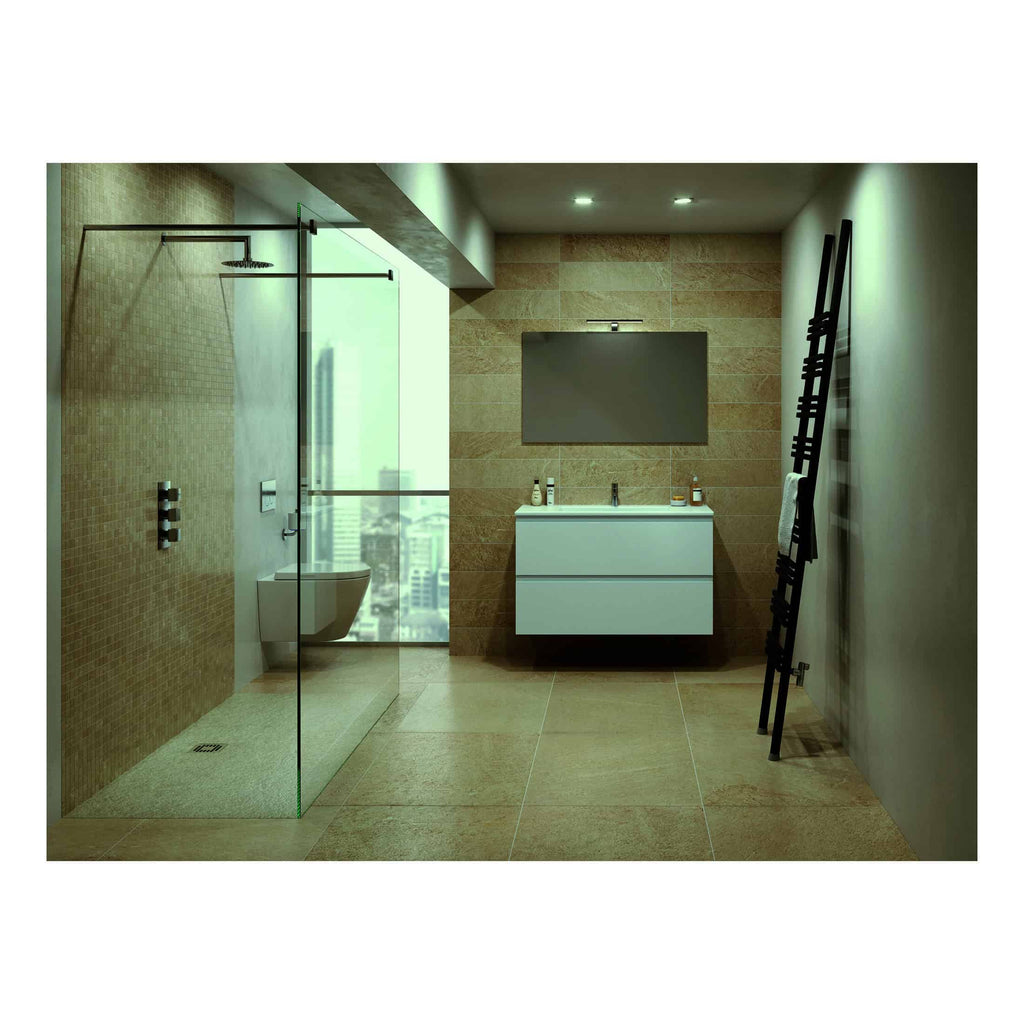 Modern bathroom with walk-in shower, wall-mounted toilet, minimalist vanity with mirror, beige tile flooring, and black towel ladder. Bright and contemporary design Perfect for stylish bathrooms.