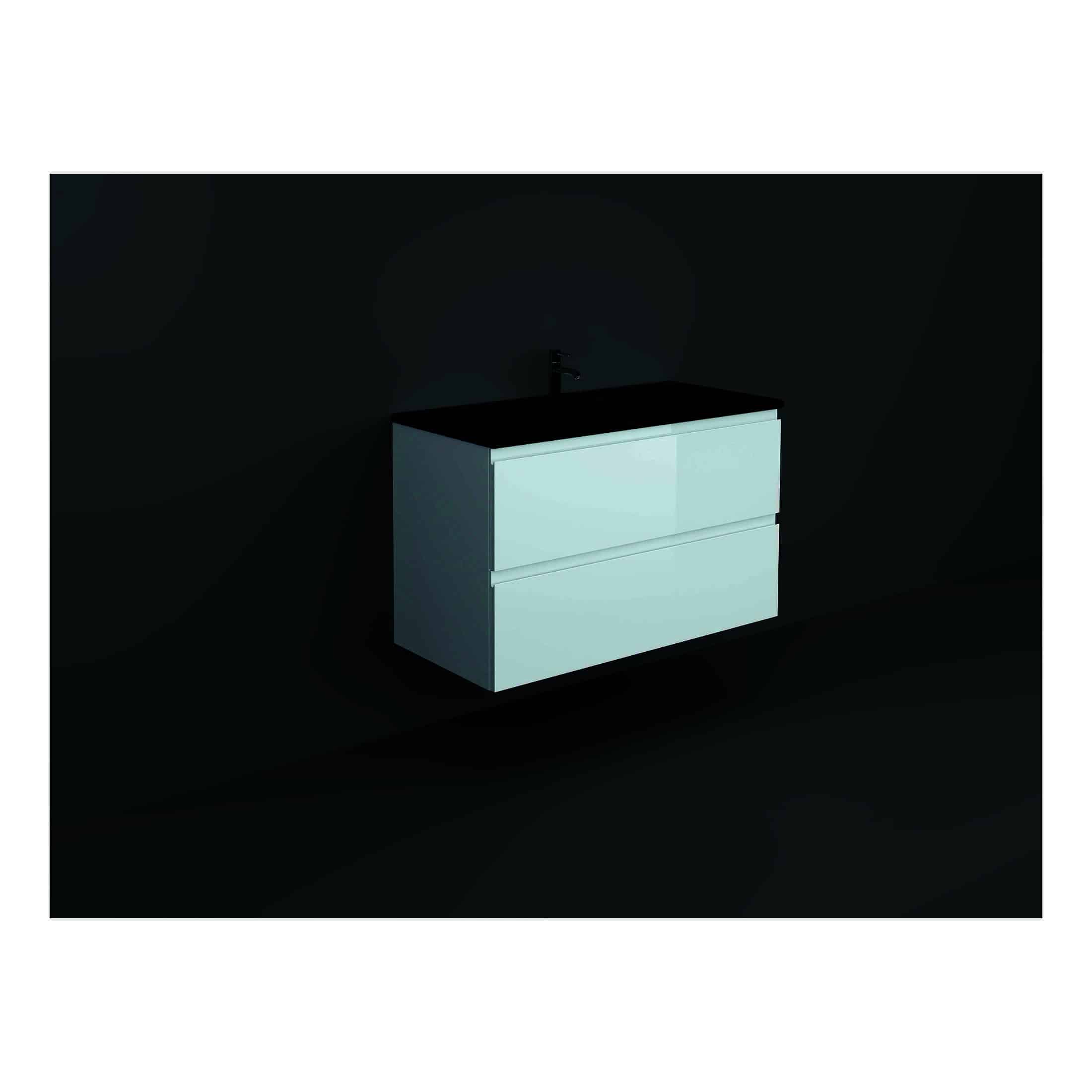 Sleek modern bathroom vanity with integrated sink and minimalist design, ideal for contemporary bathroom interiors. Featuring two spacious drawers for bathroom storage, set against a dark background.