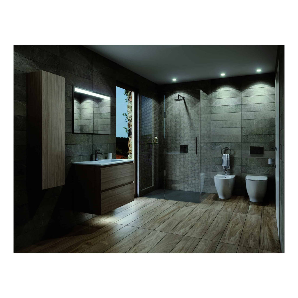 Luxurious modern bathroom with walk-in shower, wooden vanity, and sleek fittings, featuring dark stone wall tiles and ambient LED lighting, designed for comfort and style.