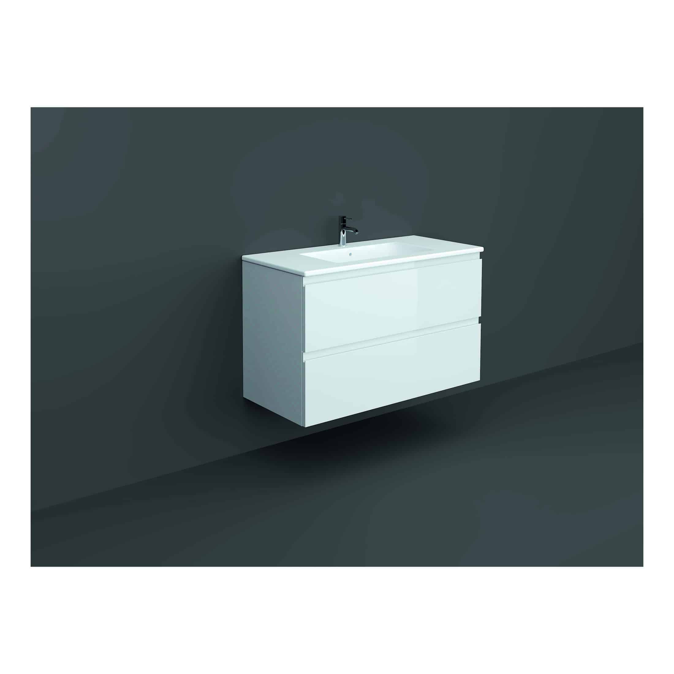 Modern white bathroom vanity with integrated sink and sleek storage drawers, ideal for contemporary bathroom designs.