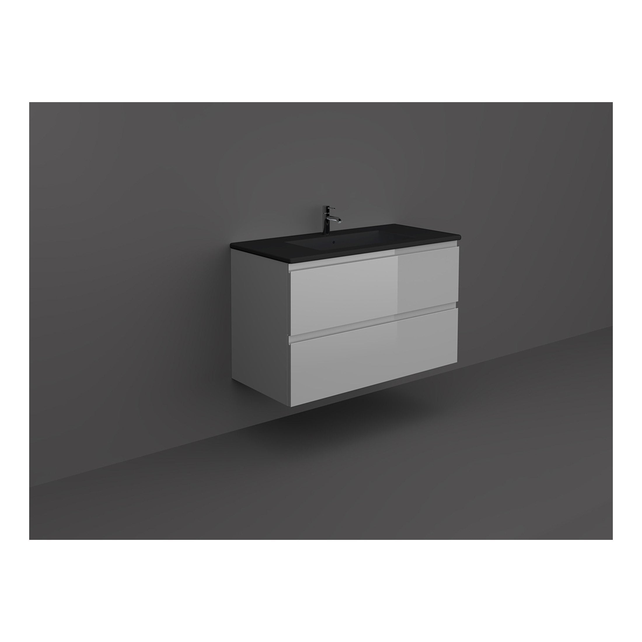 Modern white bathroom vanity unit with black countertop and integrated sink, stylish and functional bathroom furniture for sleek and contemporary bathroom designs.