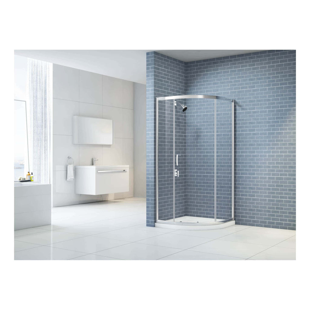 Shower enclosure with blue brick wall and modern bathroom cabinetry in a minimalist design.
