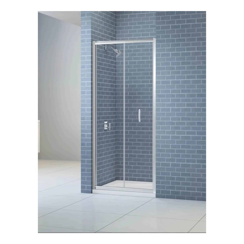 Sleek glass shower enclosure with chrome frame on blue brick tiled bathroom wall in modern Bubly Bathrooms design.