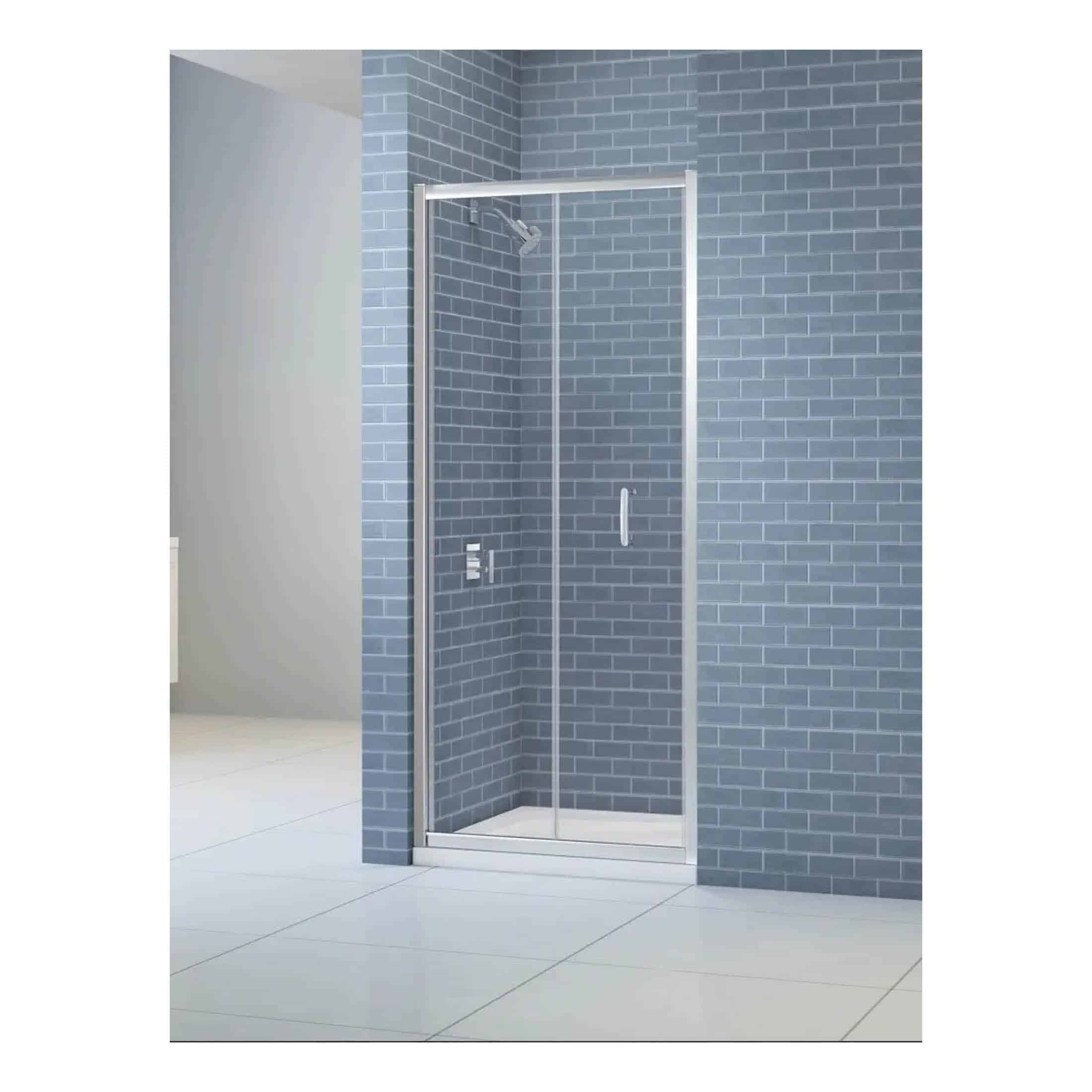 Sleek glass shower enclosure with chrome frame on blue brick tiled bathroom wall in modern Bubly Bathrooms design.