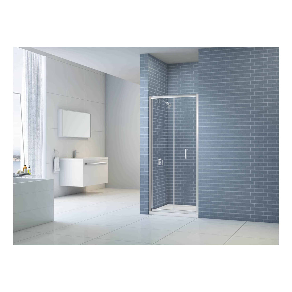 Modern minimalist bathroom with walk-in shower featuring grey brick tiles, sleek white vanity, wall-mounted mirror, and large windows for natural light, perfect for contemporary home renovations.